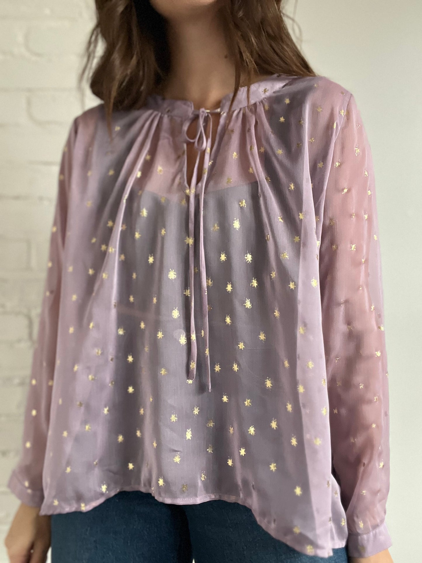 Sheer Gold Star Tie-Neck Blouse - L