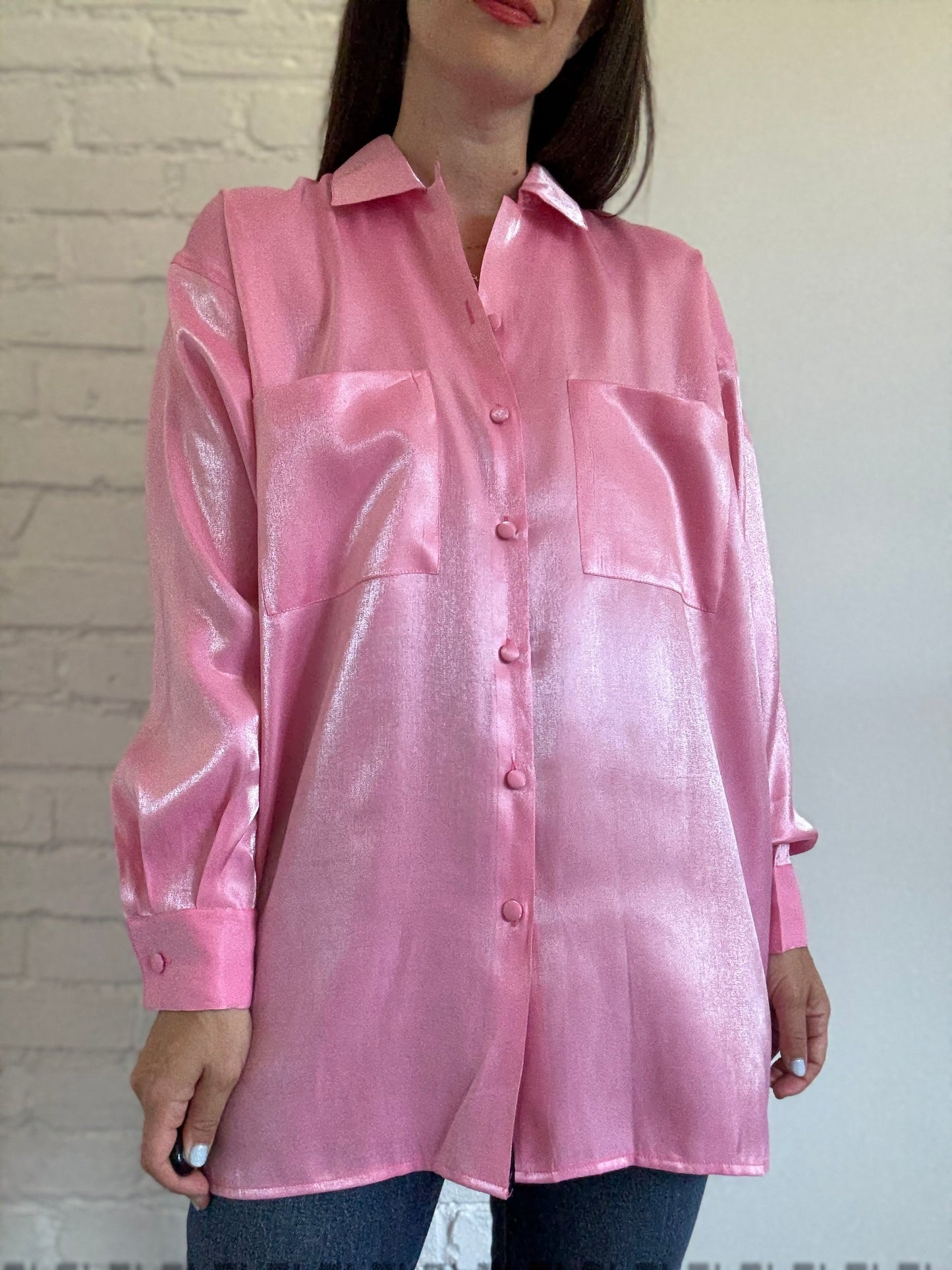 Oversized Bubblegum Satin Shirt - Size L
