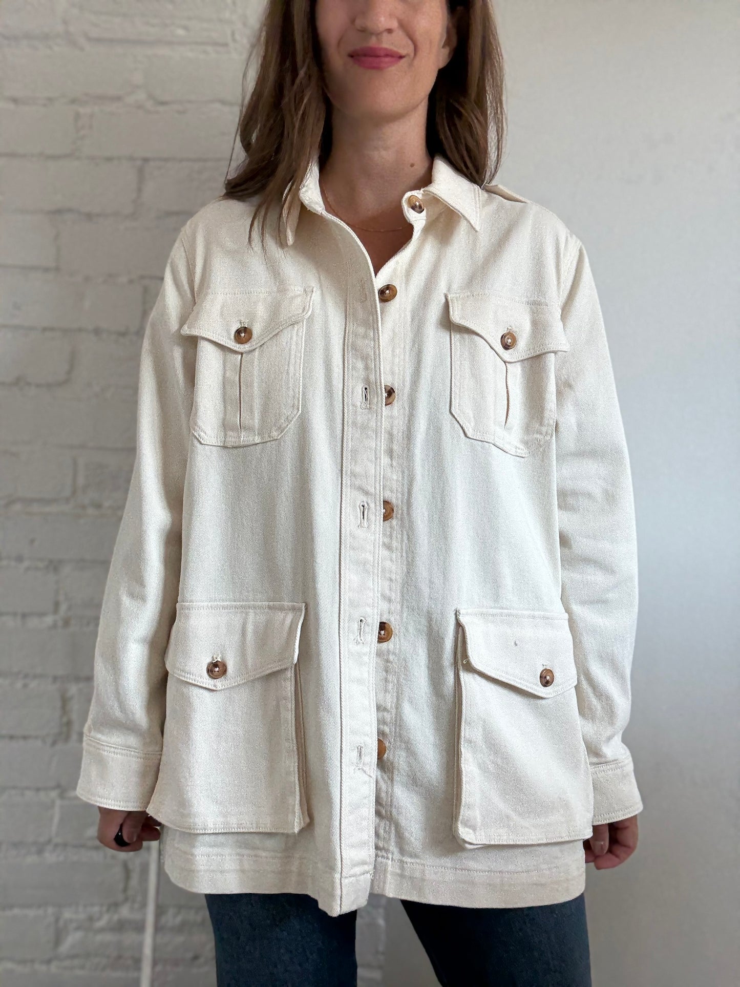 Ivory Cotton Denim Cargo Jacket - Size L