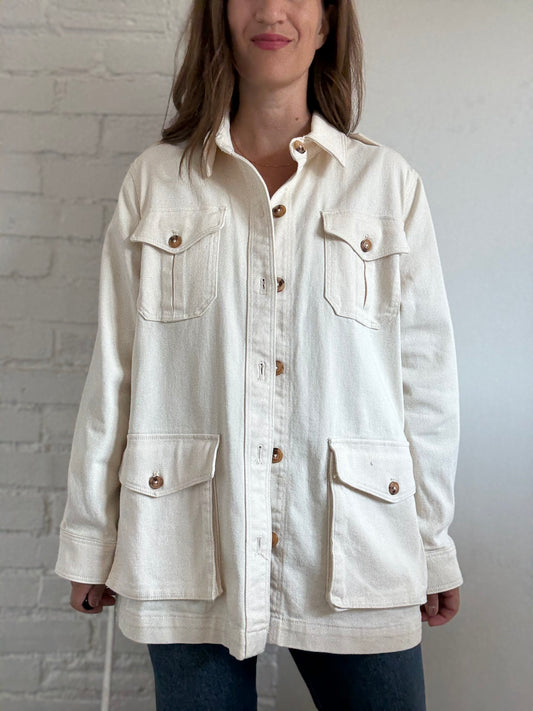Ivory Cotton Denim Cargo Jacket - Size L