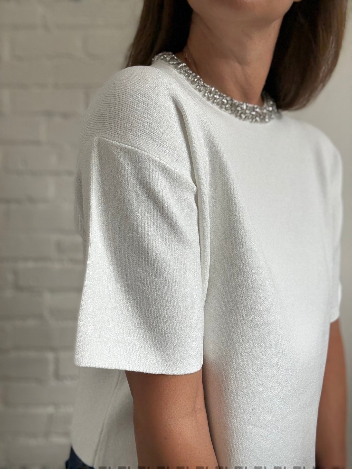 Embellished White Knit Top - Size S