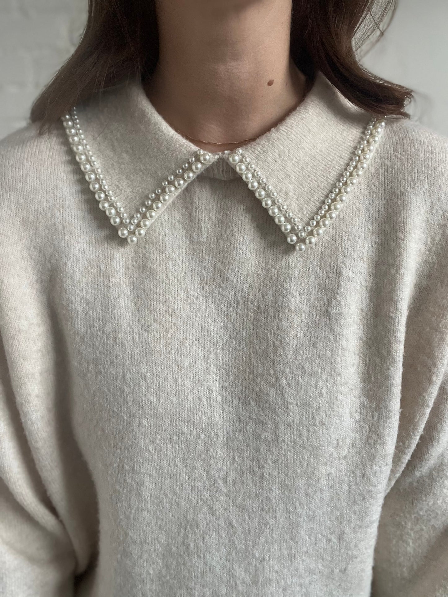 Beaded Collar Cream Sweater - XL