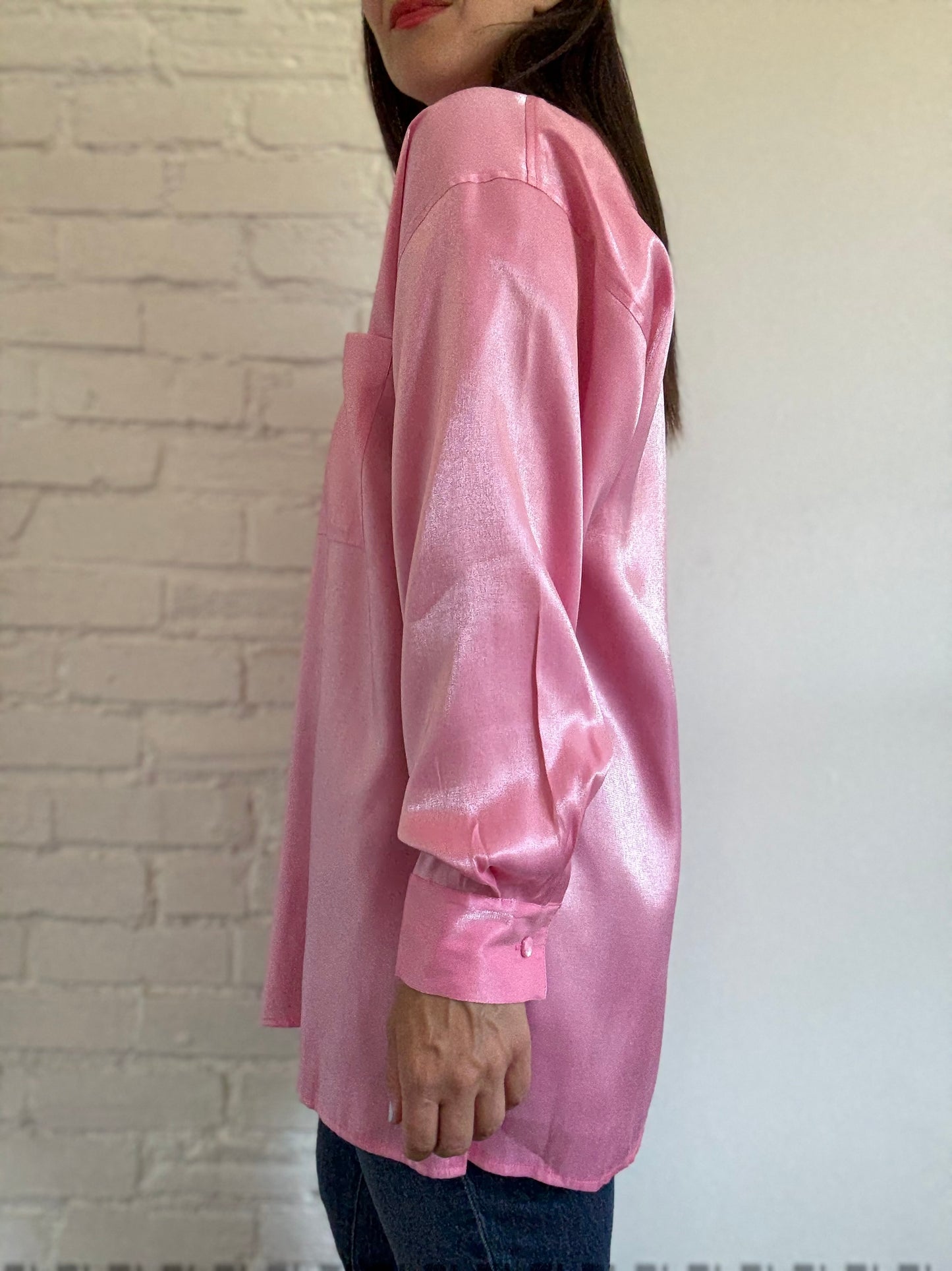 Oversized Bubblegum Satin Shirt - Size L