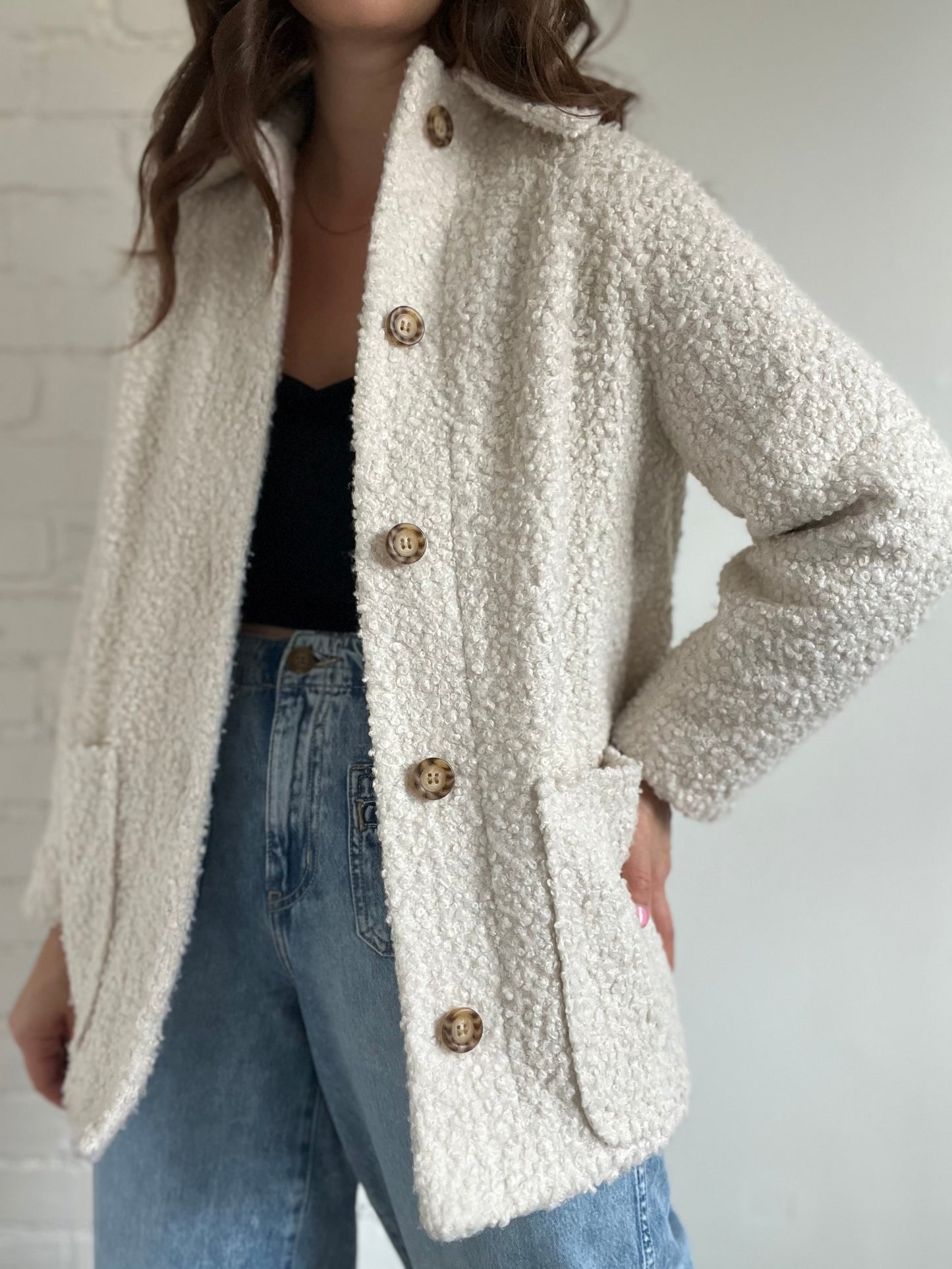 Cream Textured Teddy Jacket - Size 4 or S (oversized)