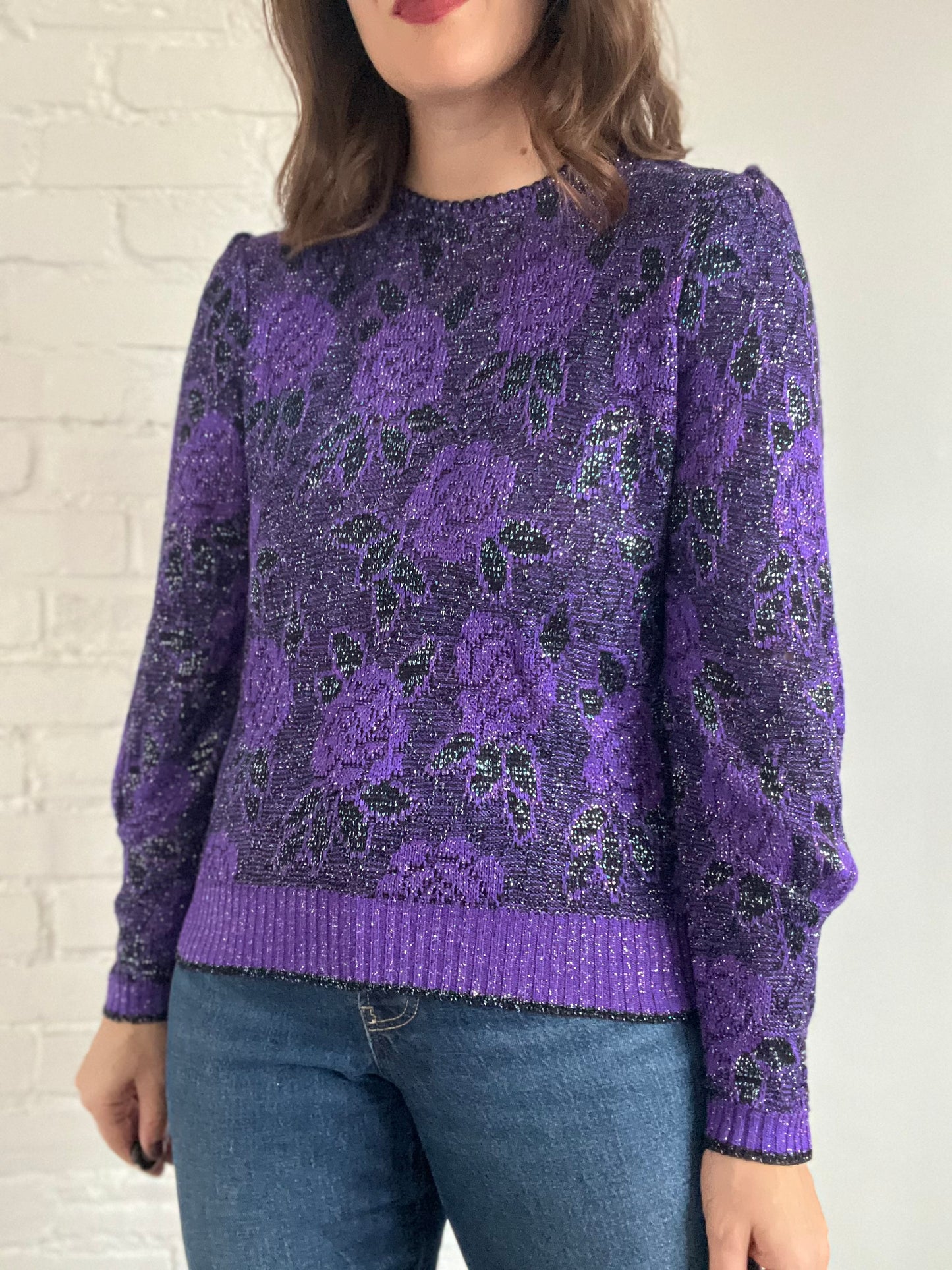 Metallic Purple Rose Sweater - S/M