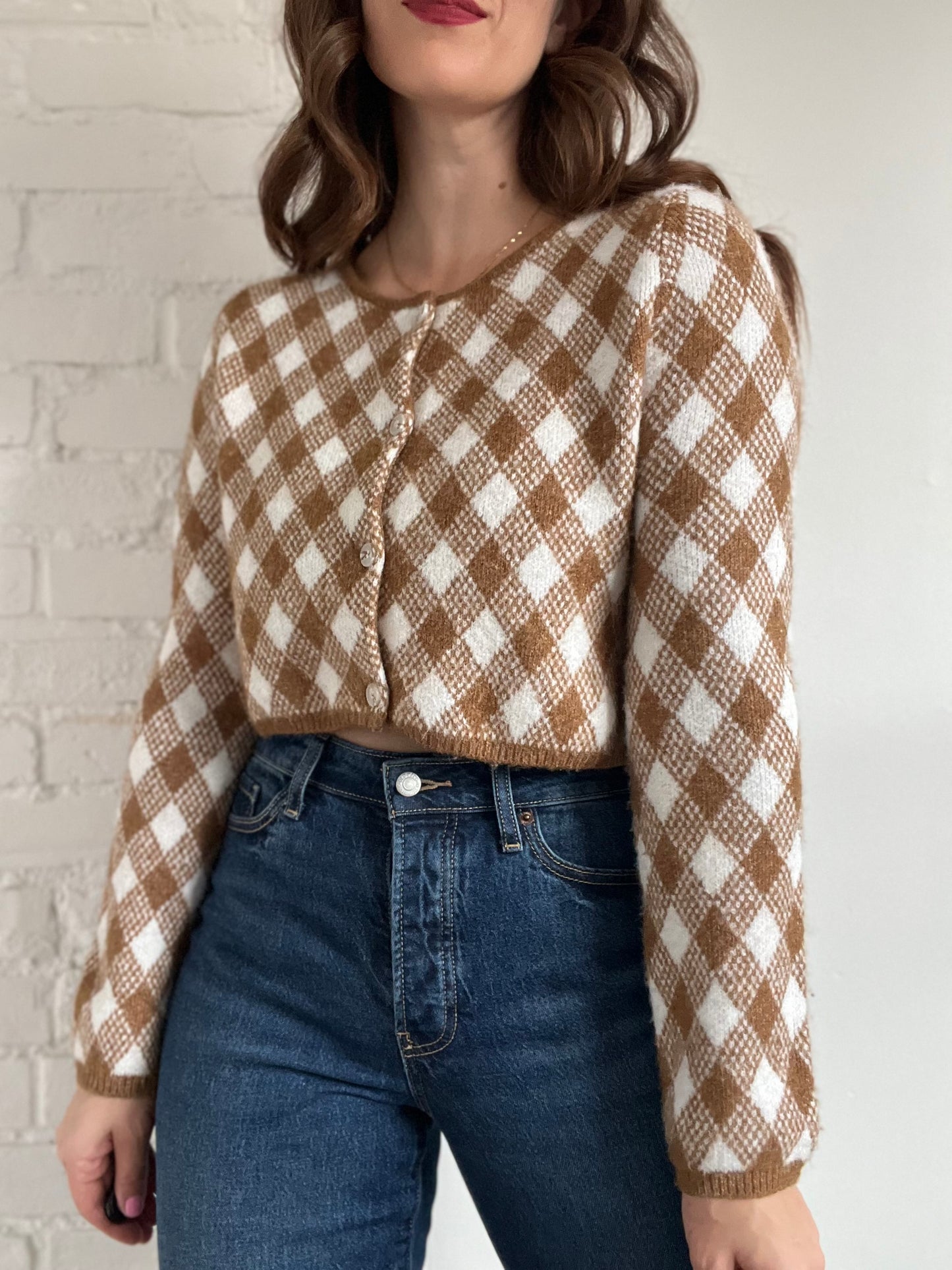 Cropped Argyle Knit Sweater - S