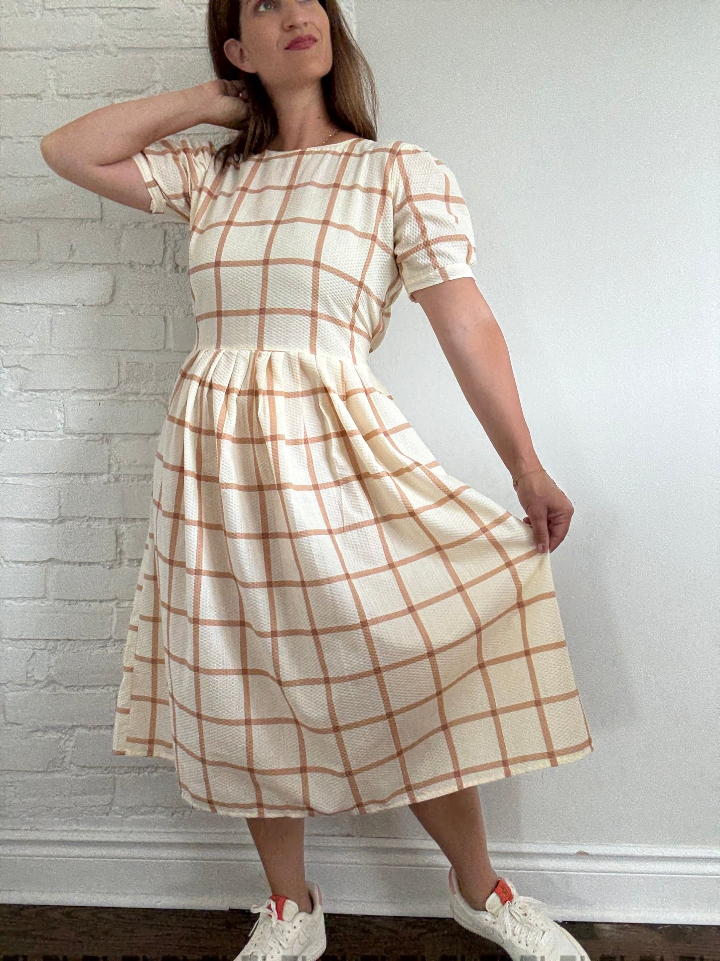 Handmade Caramel Plaid Dress - Size L
