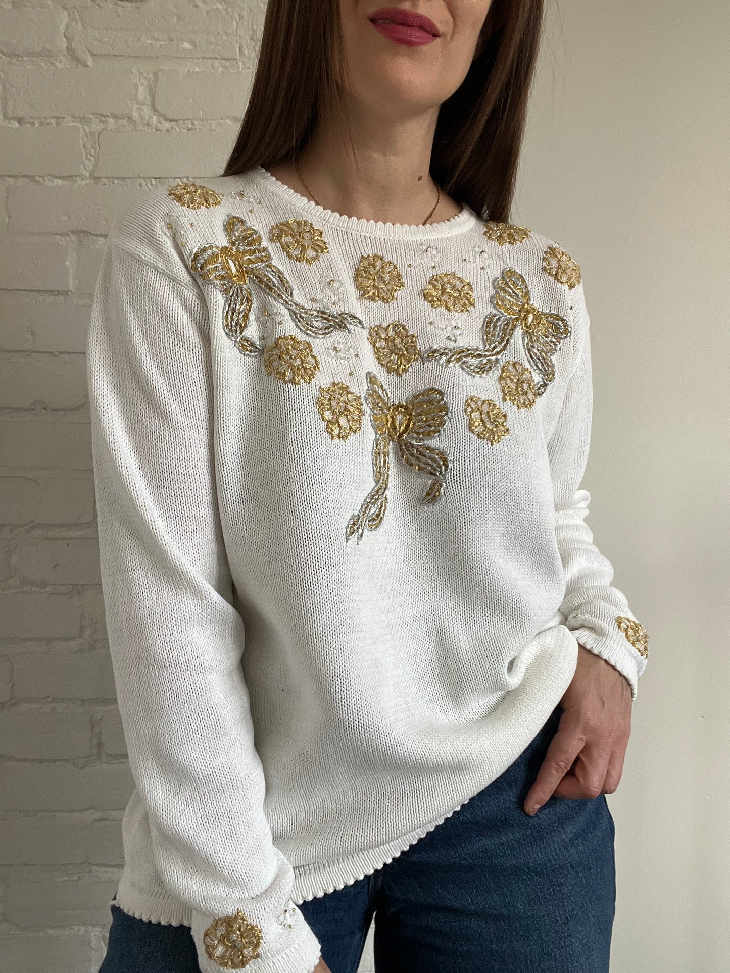 Metallic Bows Knit Sweater - L