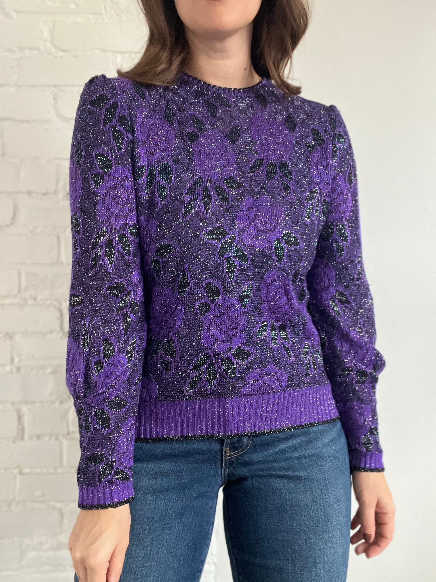 Metallic Purple Rose Sweater - S/M