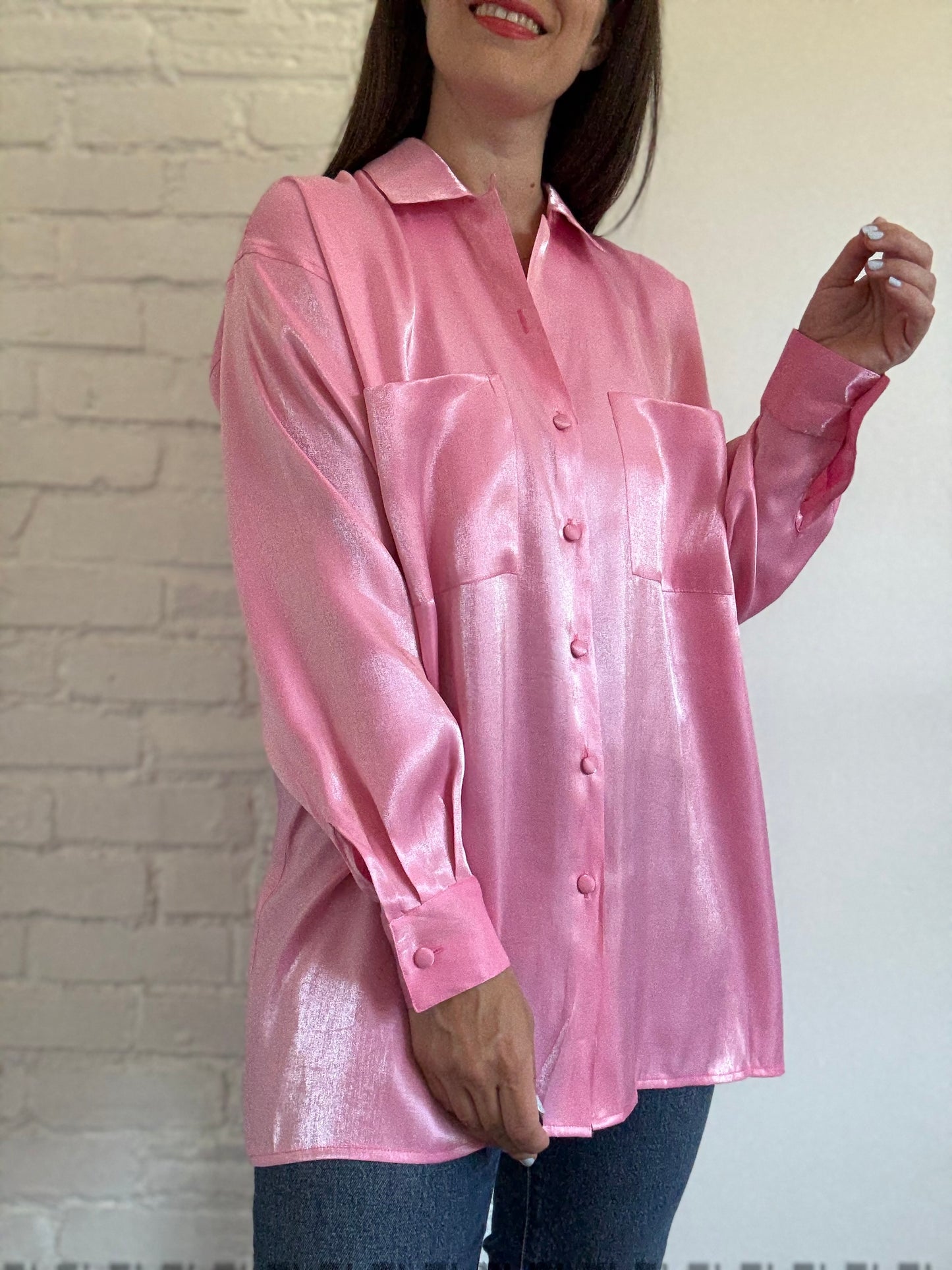 Oversized Bubblegum Satin Shirt - Size L