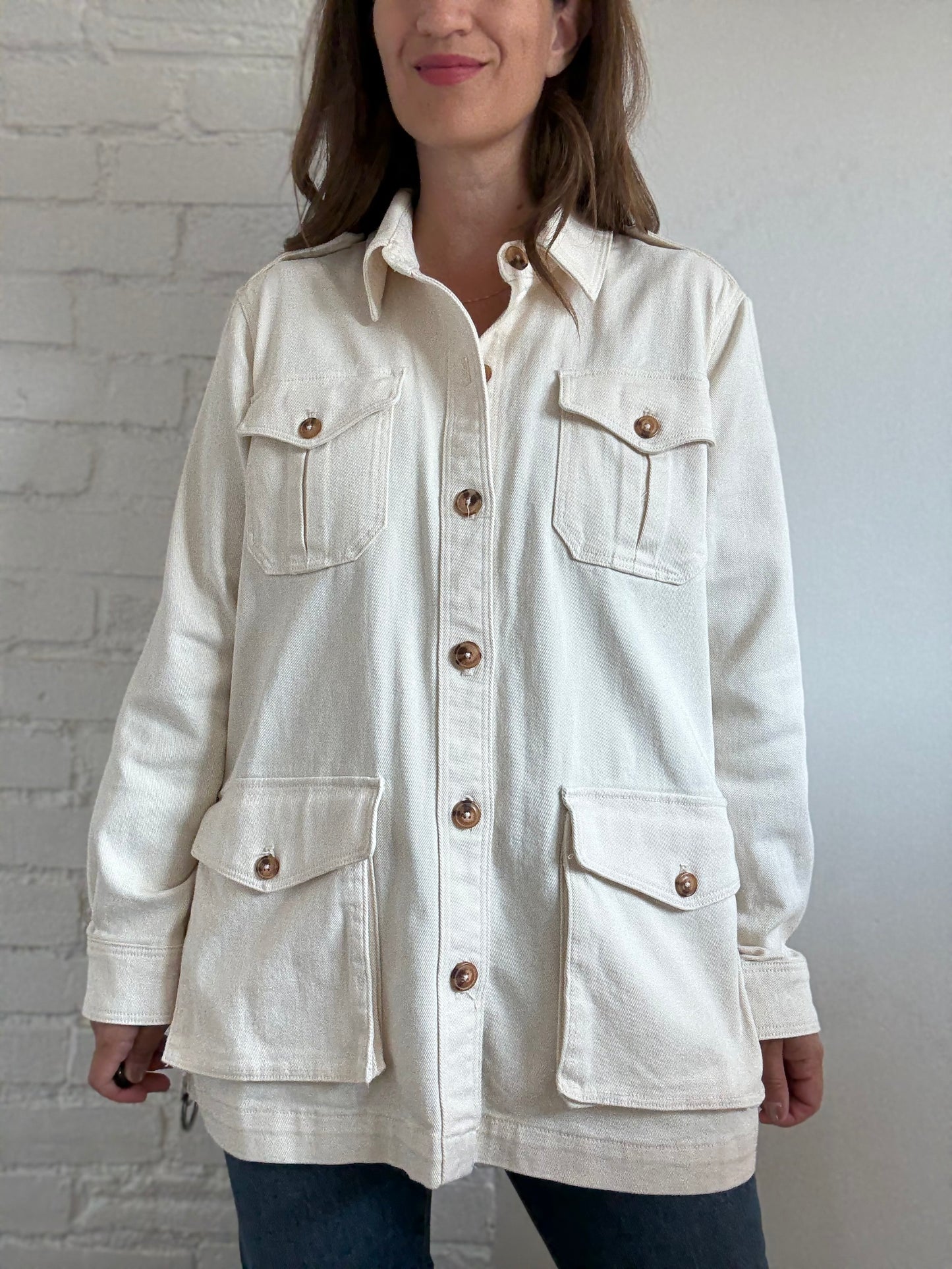 Ivory Cotton Denim Cargo Jacket - Size L