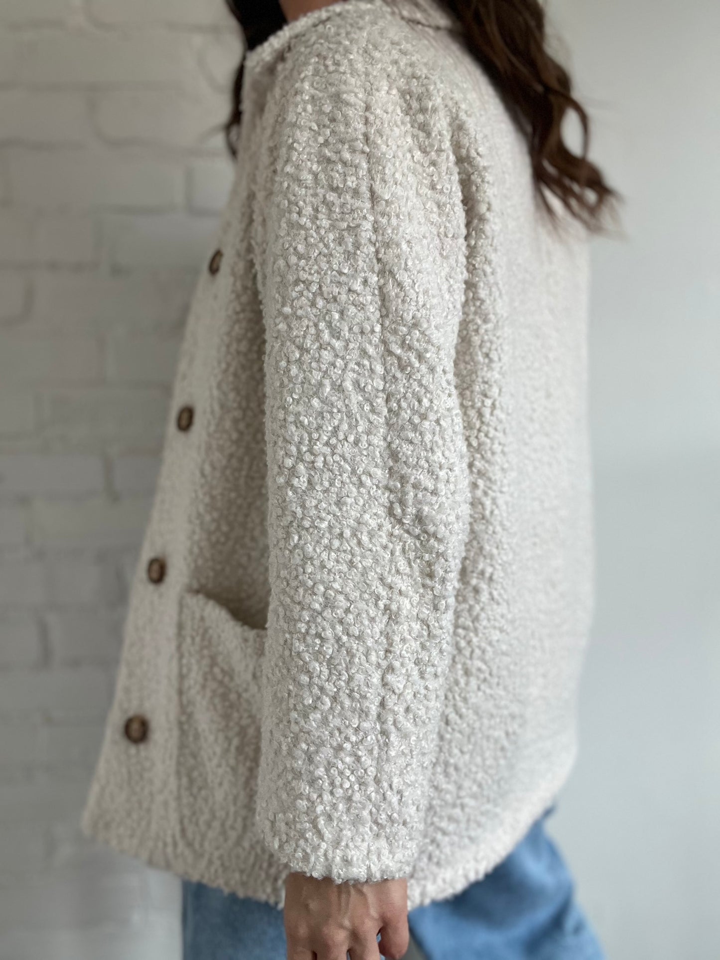 Cream Textured Teddy Jacket - Size 4 or S (oversized)