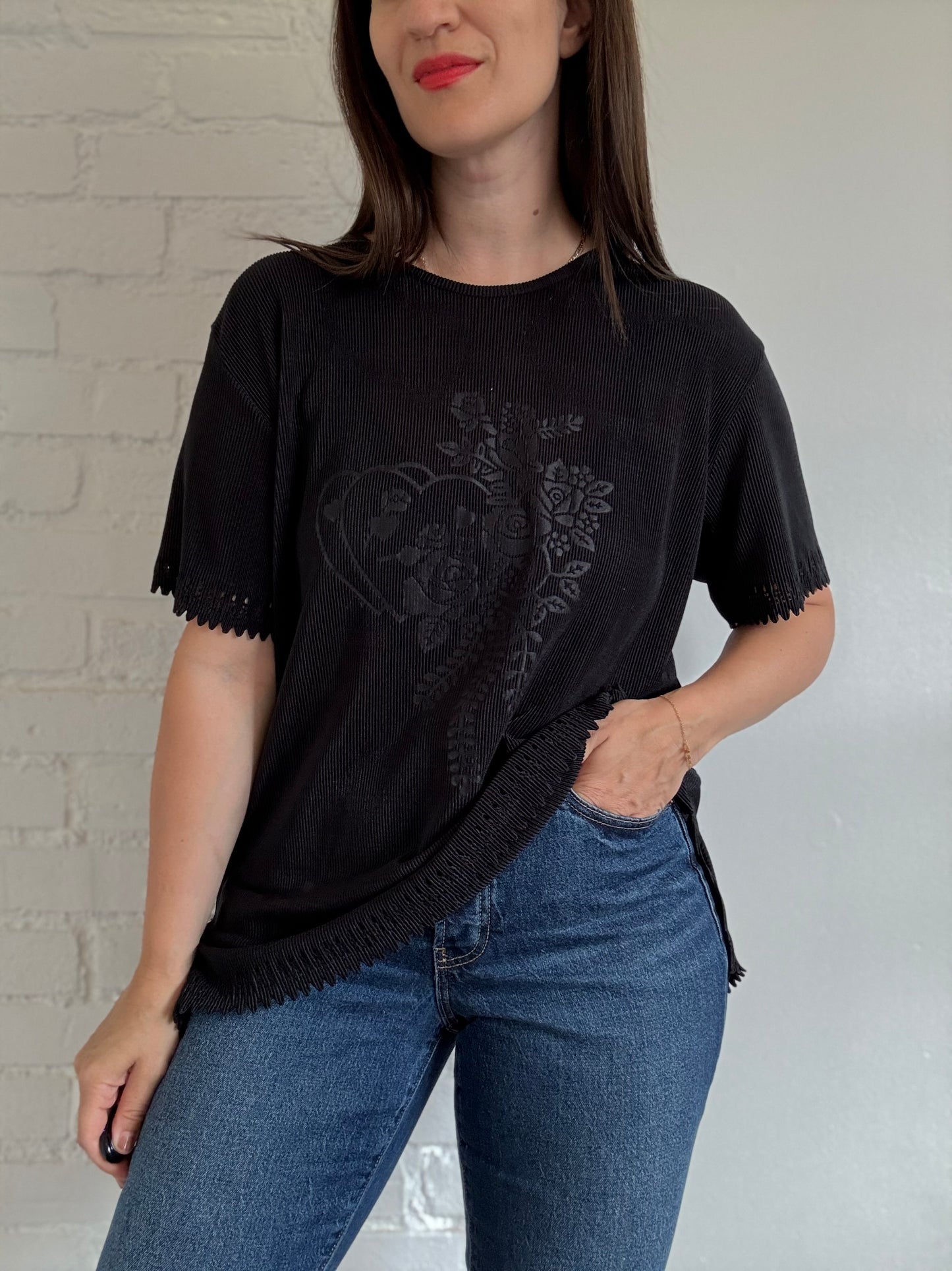 Black Plisse Floral Shirt - Size L
