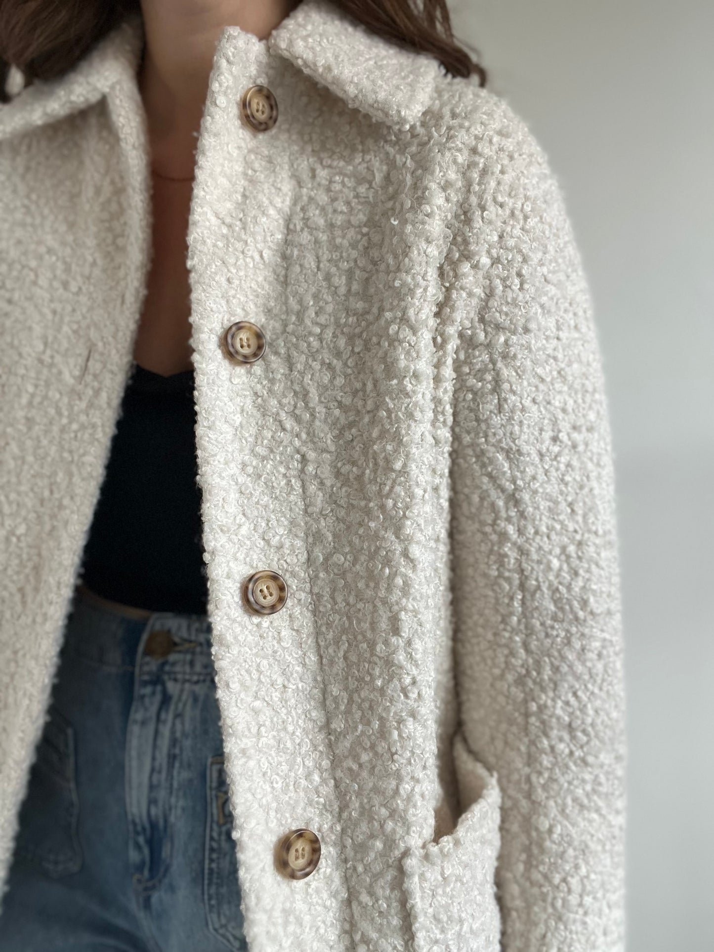 Cream Textured Teddy Jacket - Size 4 or S (oversized)