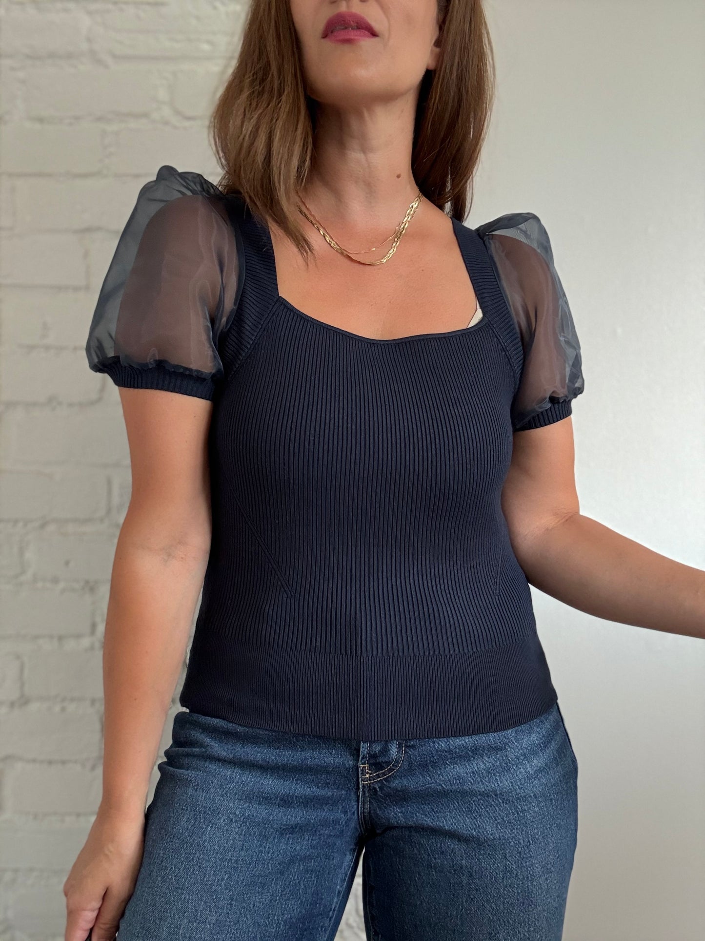 Lex Krista Ribbed Puff Sleeve Top - Size S