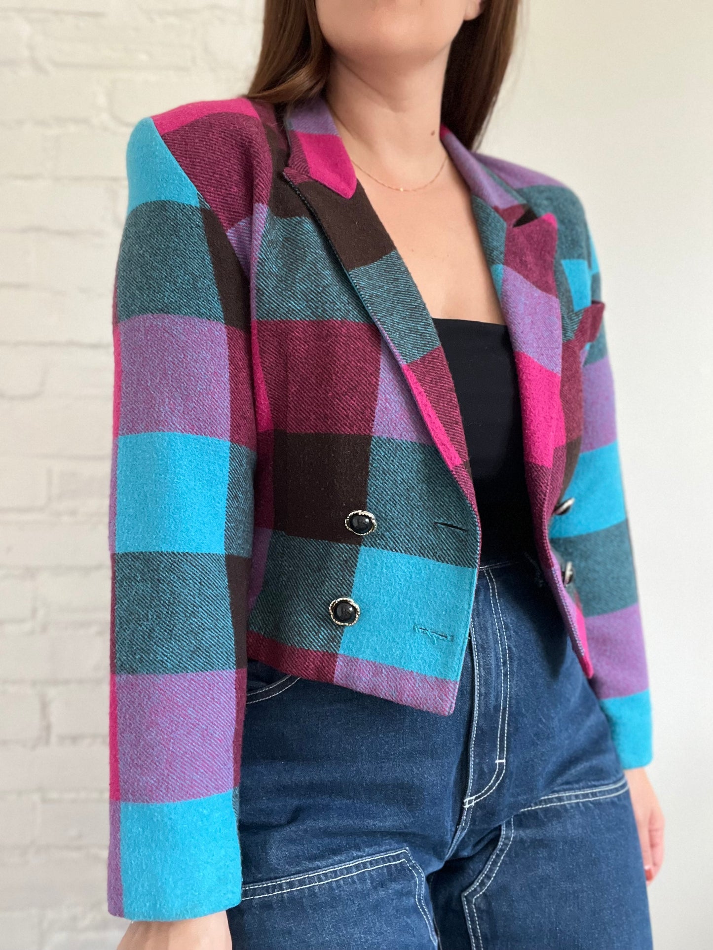 Vintage Cropped Plaid Blazer - Size M