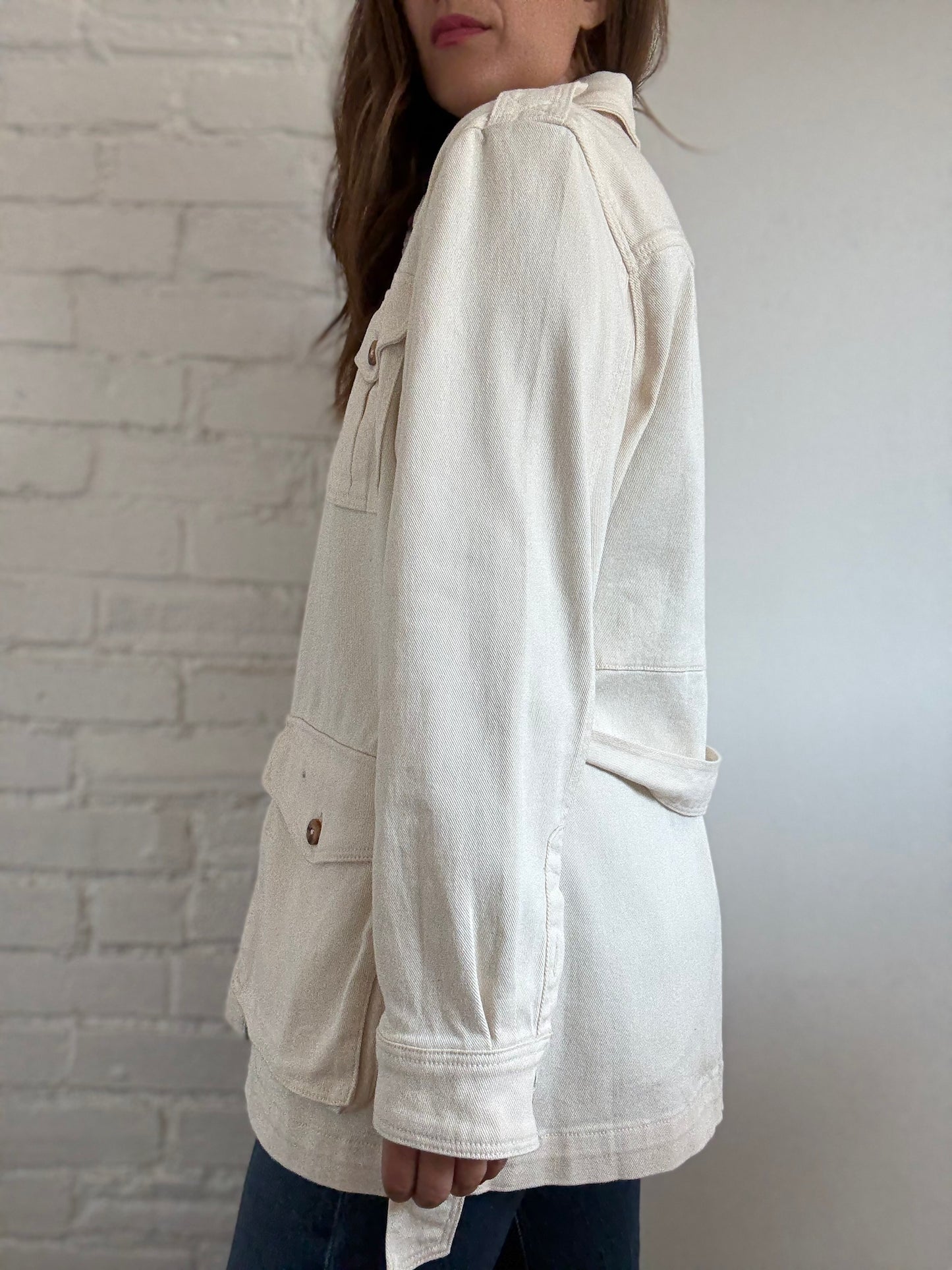 Ivory Cotton Denim Cargo Jacket - Size L