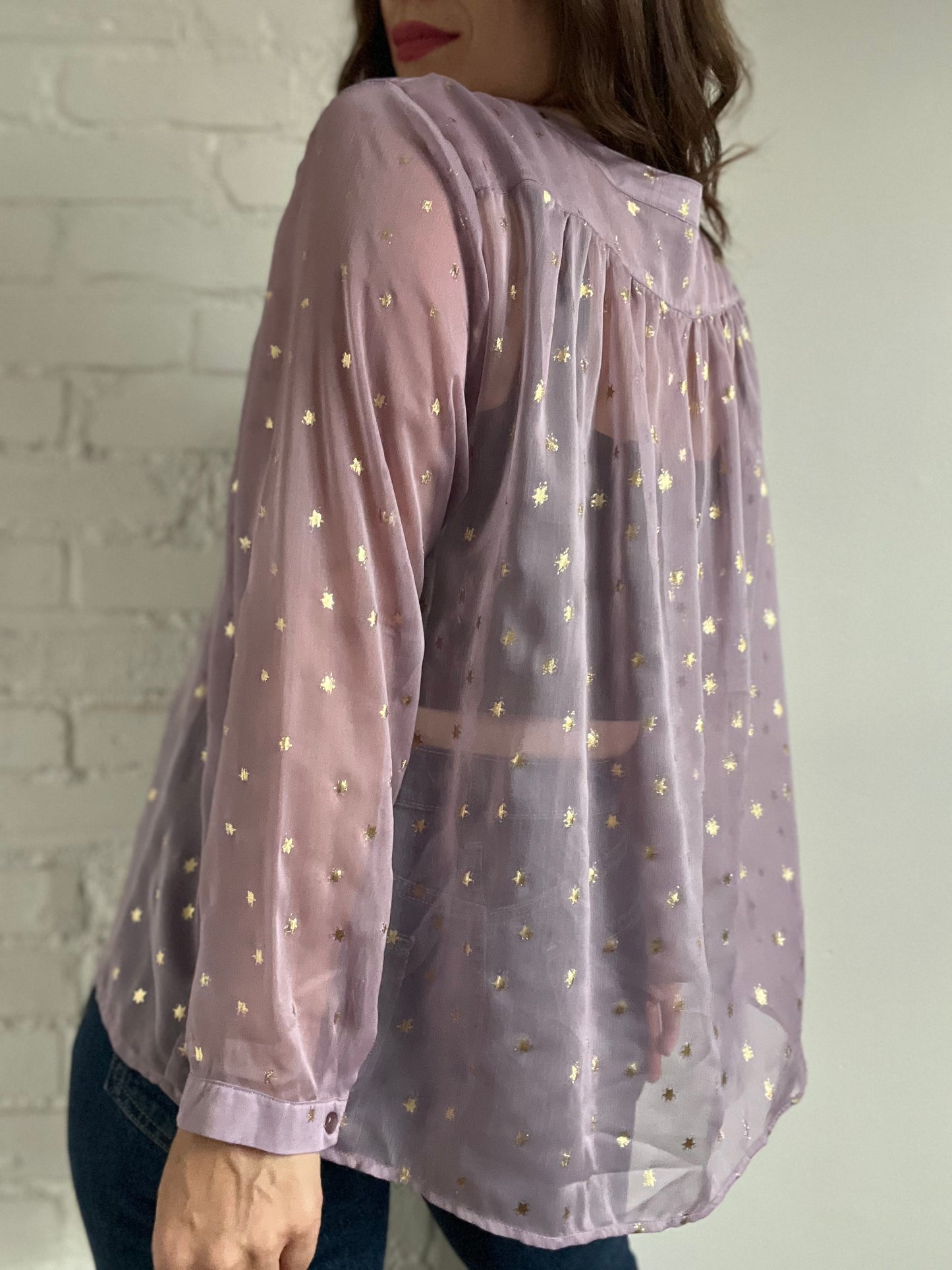 Sheer Gold Star Tie-Neck Blouse - L