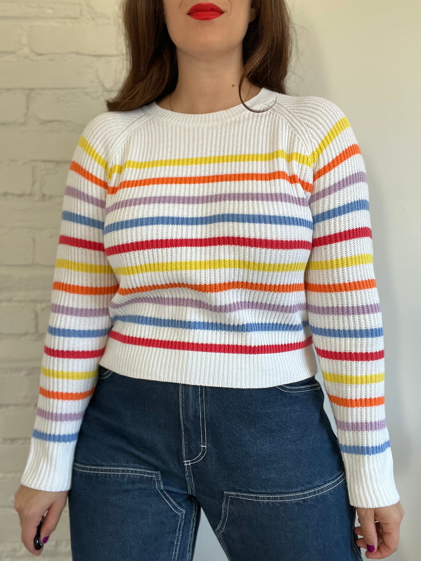 Rainbow Striped Rib Knit Sweater - M