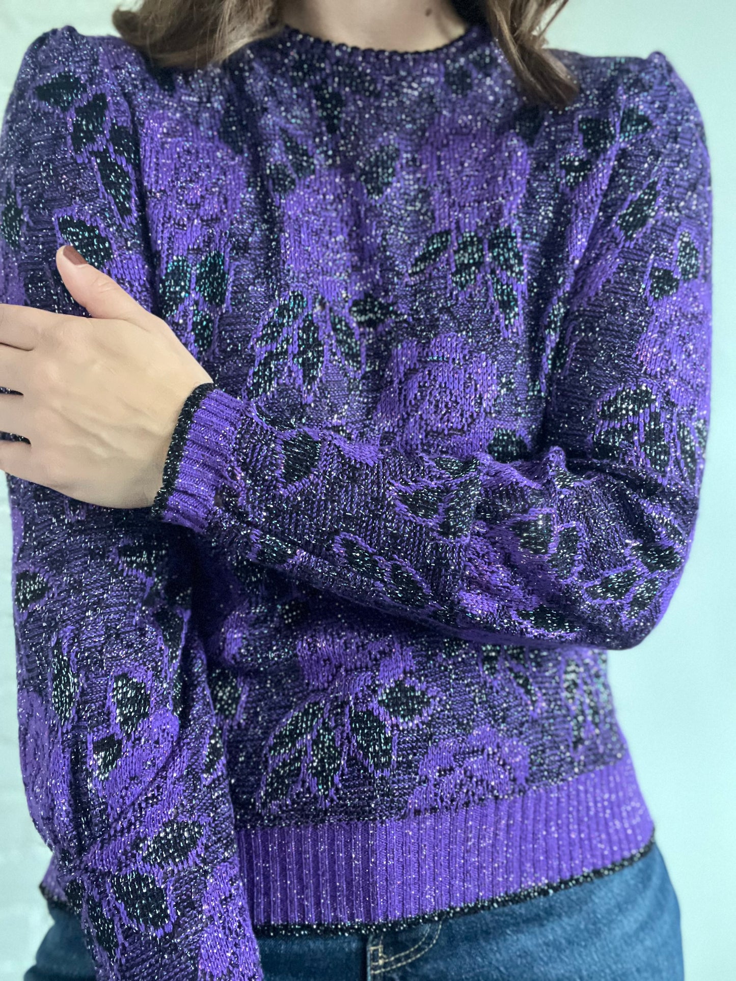 Metallic Purple Rose Sweater - S/M