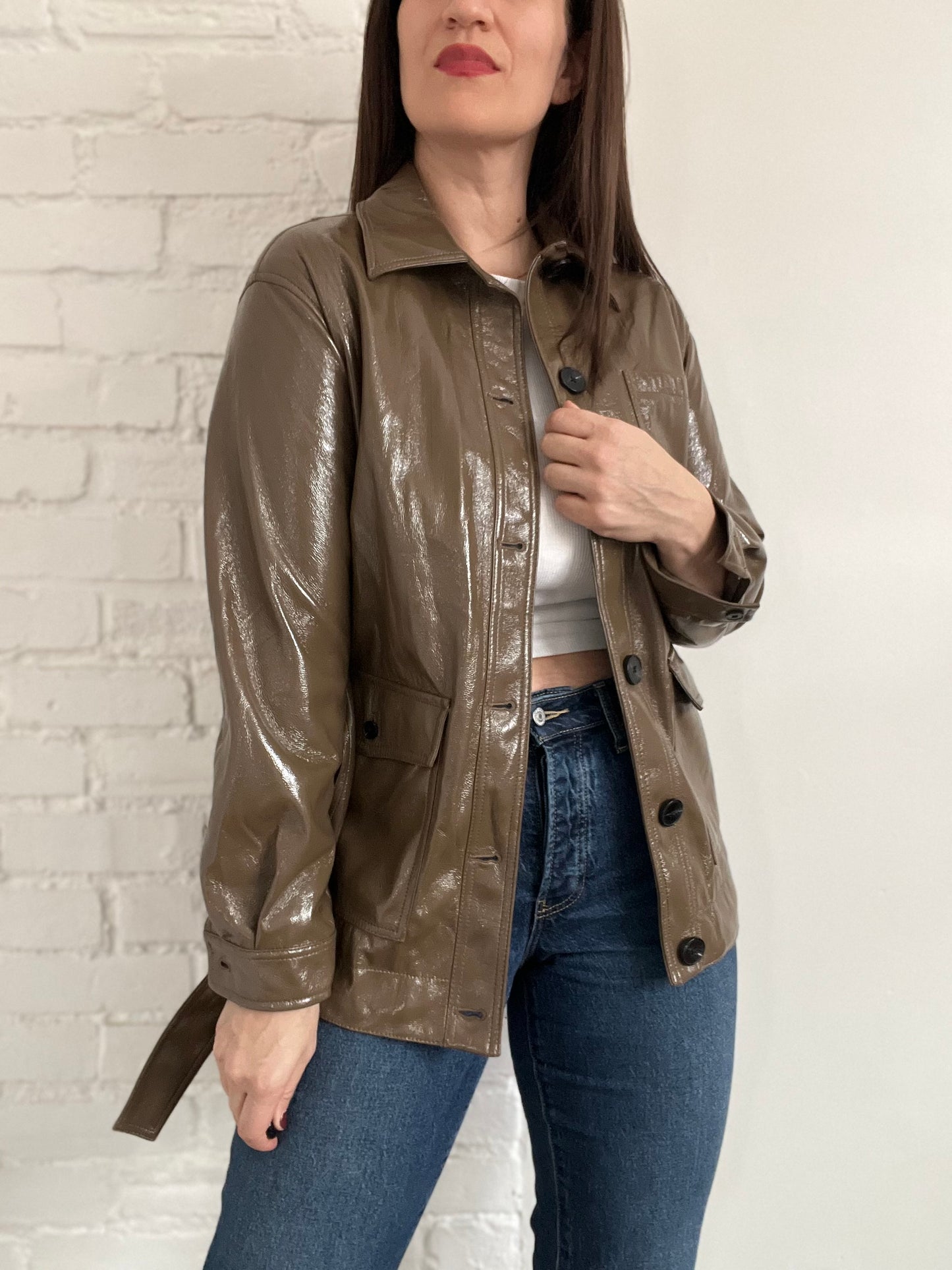 Faux Leather Tie Waist Jacket - S