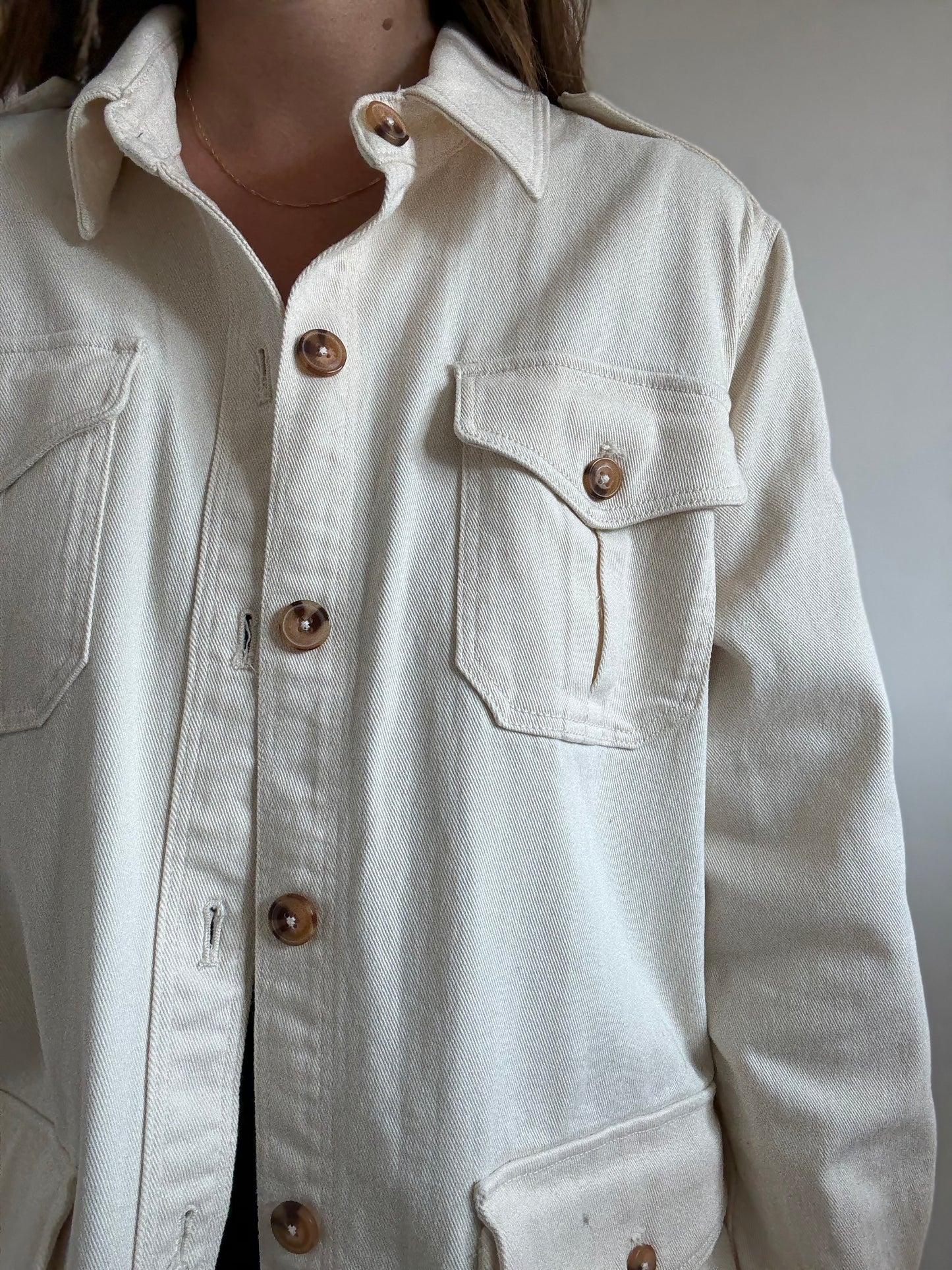Ivory Cotton Denim Cargo Jacket - Size L