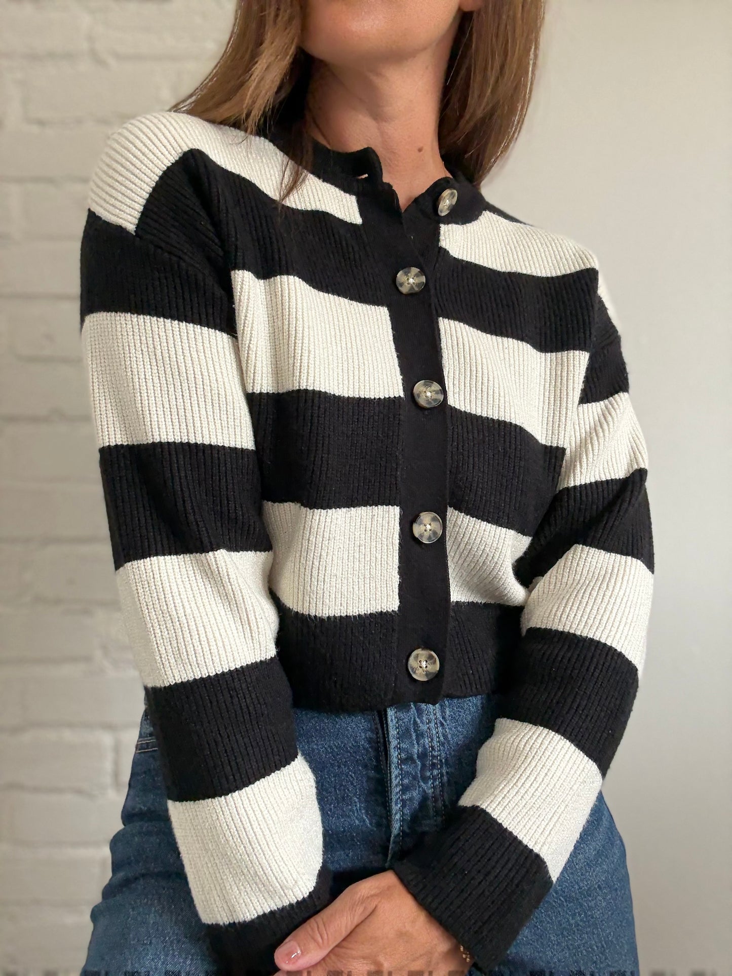 B&W Striped Plushy Cardigan - Size XS/S