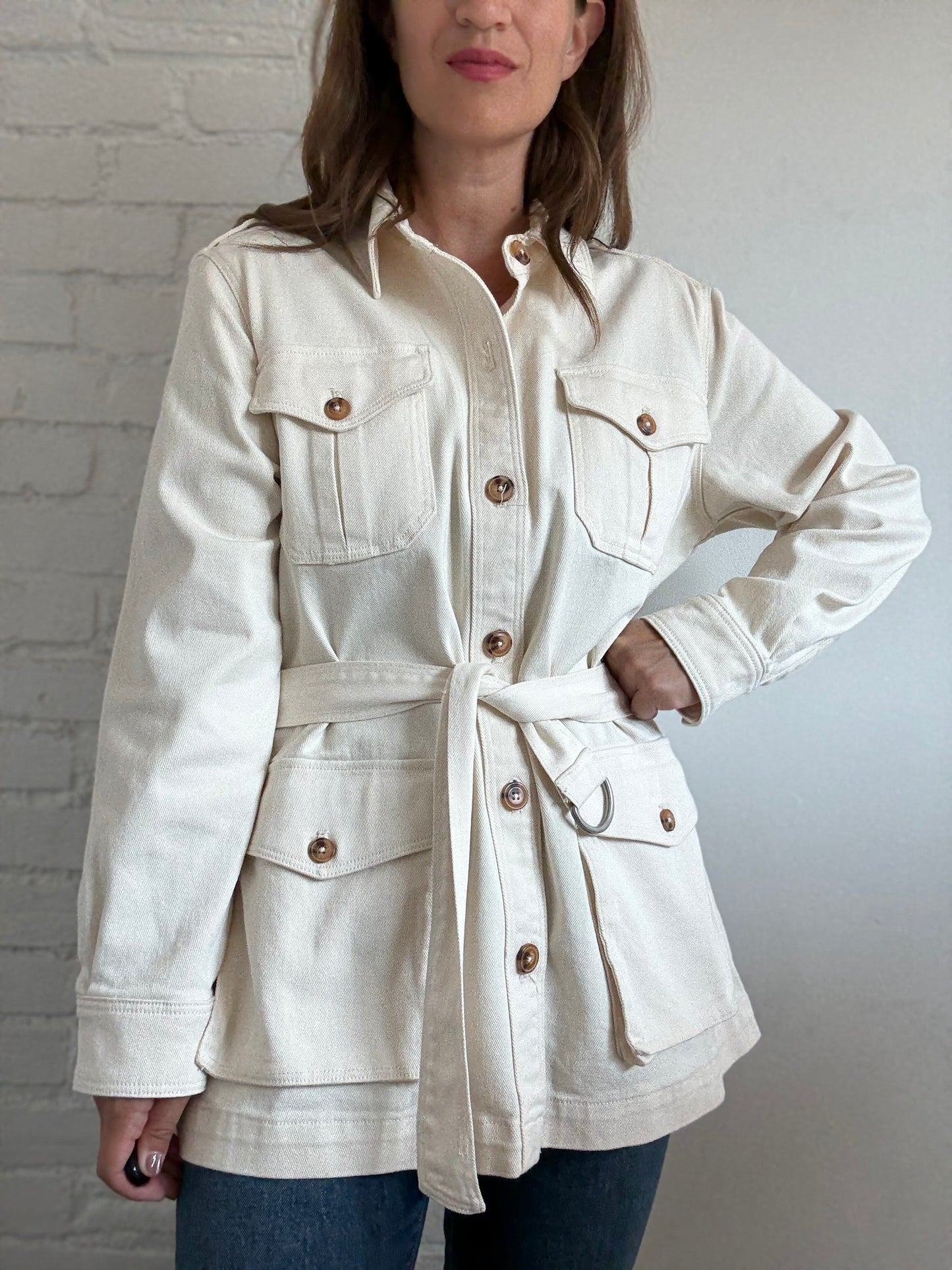 Ivory Cotton Denim Cargo Jacket - Size L