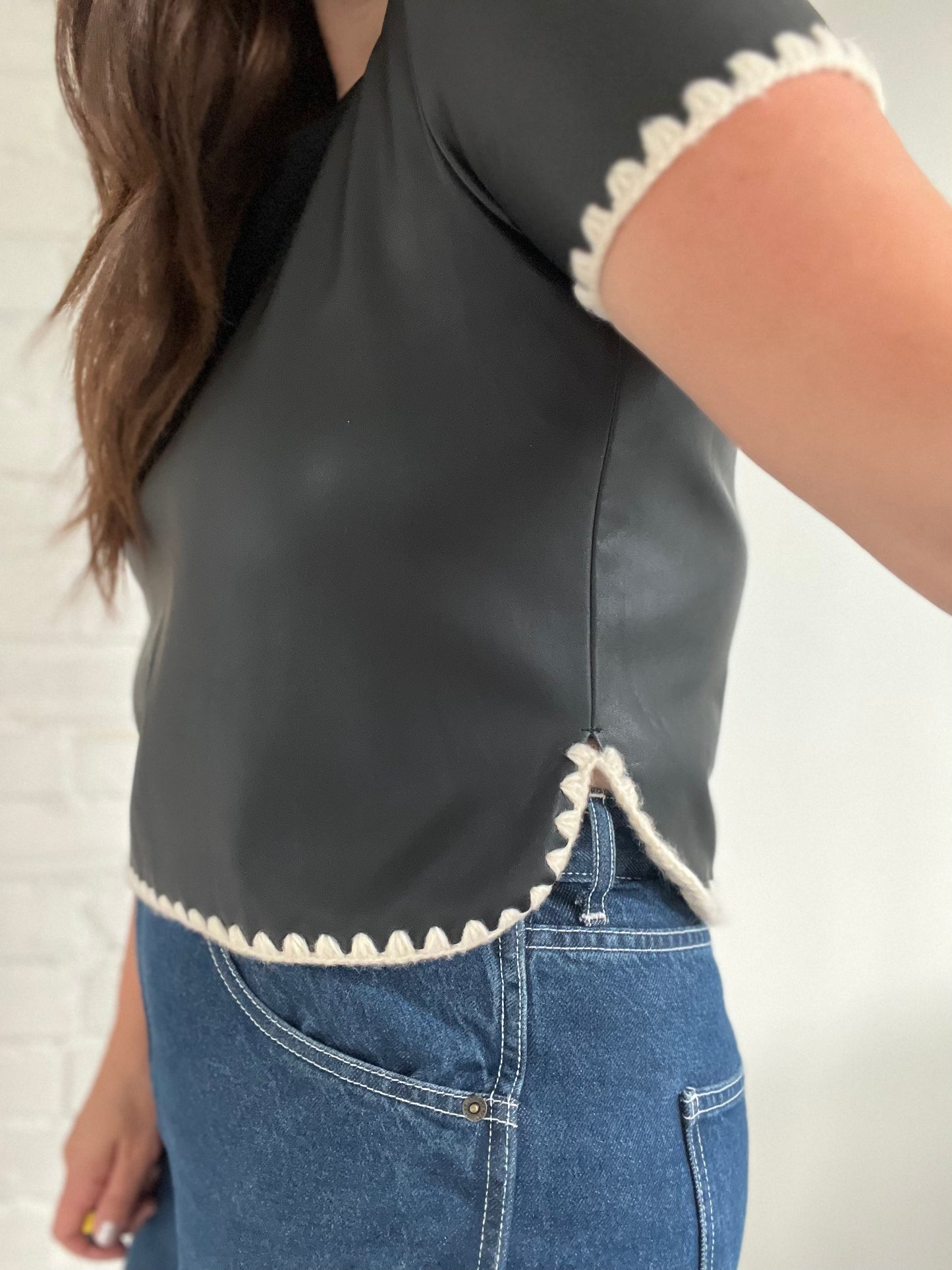 Faux Leather Crop Shirt - M