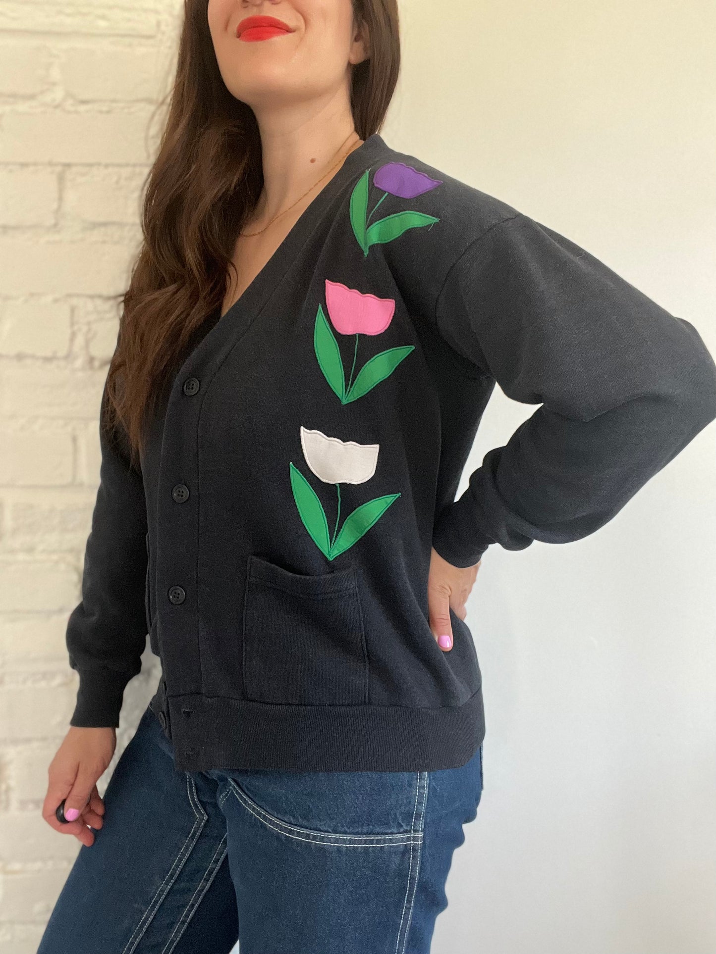 Vintage Floral Patch Sweater Cardigan - M/L