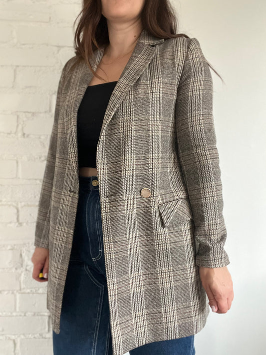 Neutral Plaid Blazer Jacket - S