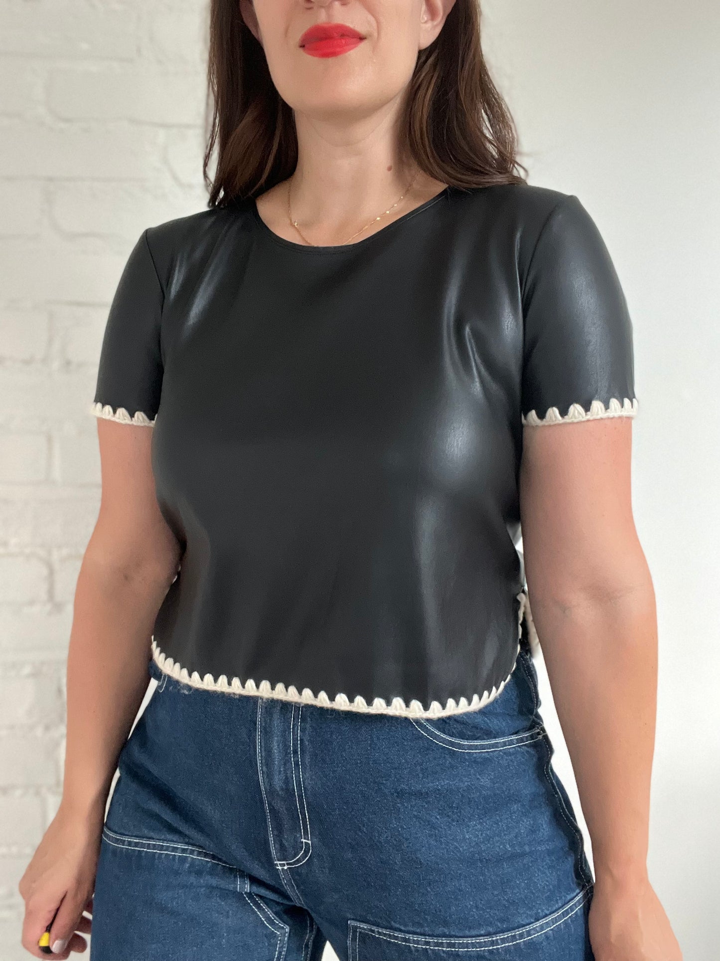 Faux Leather Crop Shirt - M