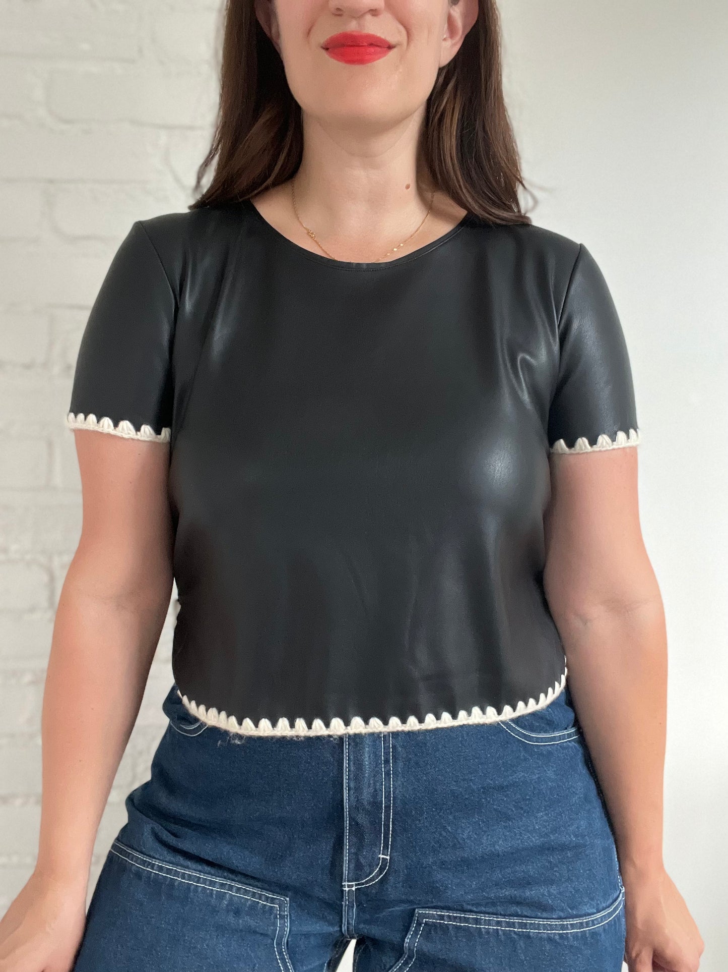 Faux Leather Crop Shirt - M