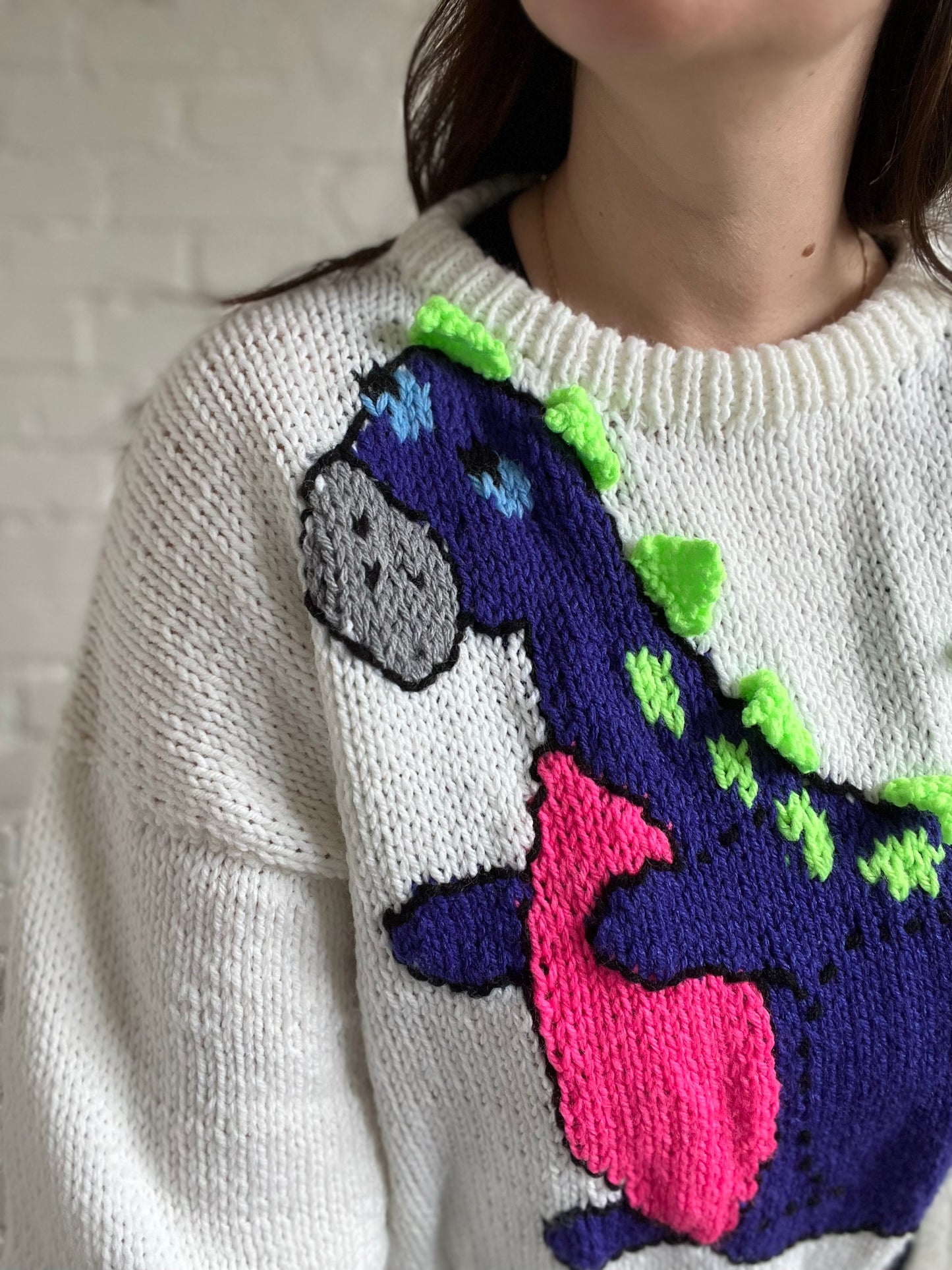 80s Handmade Dinosaur Knit Sweater - M/L