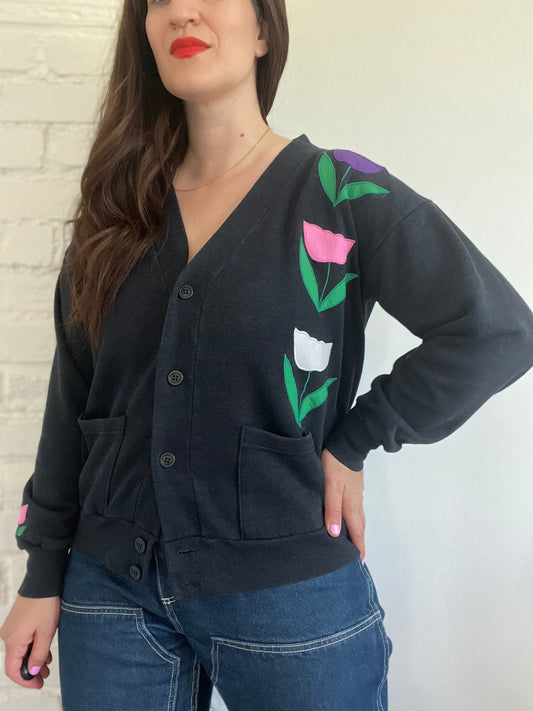 Vintage Floral Patch Sweater Cardigan - M/L