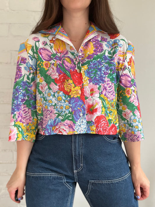 Rainbow Floral Satin Crop Blouse - M/L