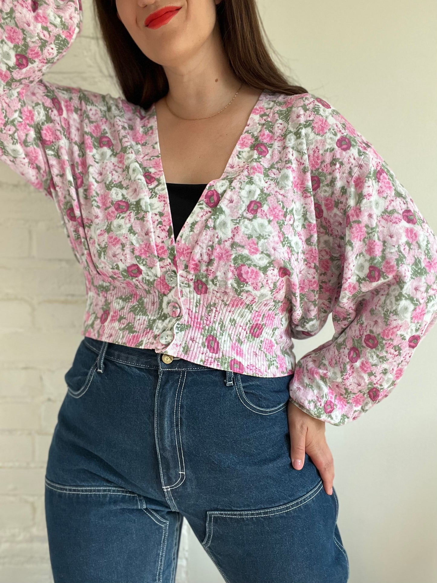 Crop Relaxed Floral Cardigan - XL