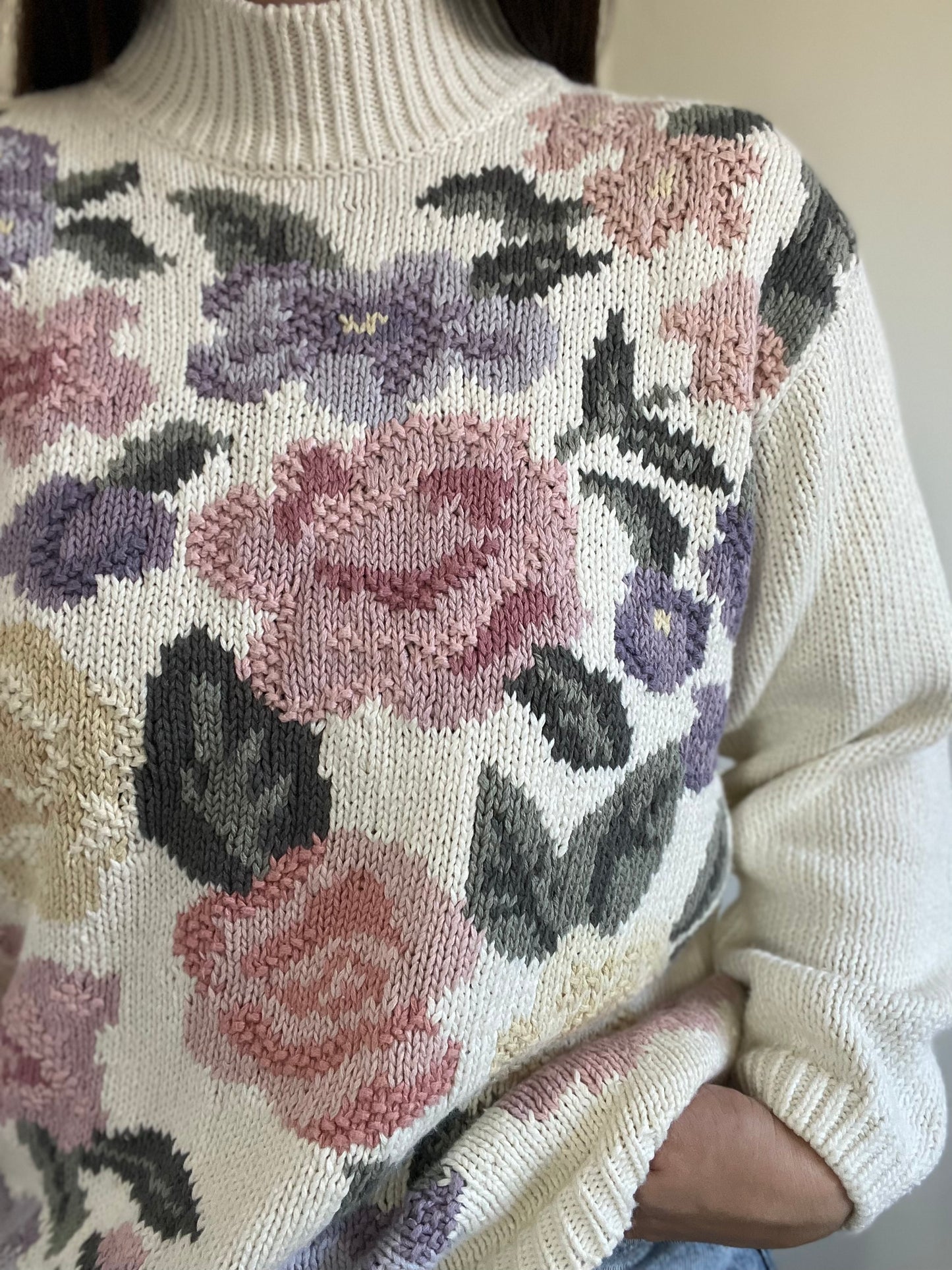 Pastel Floral Handknit Sweater - M