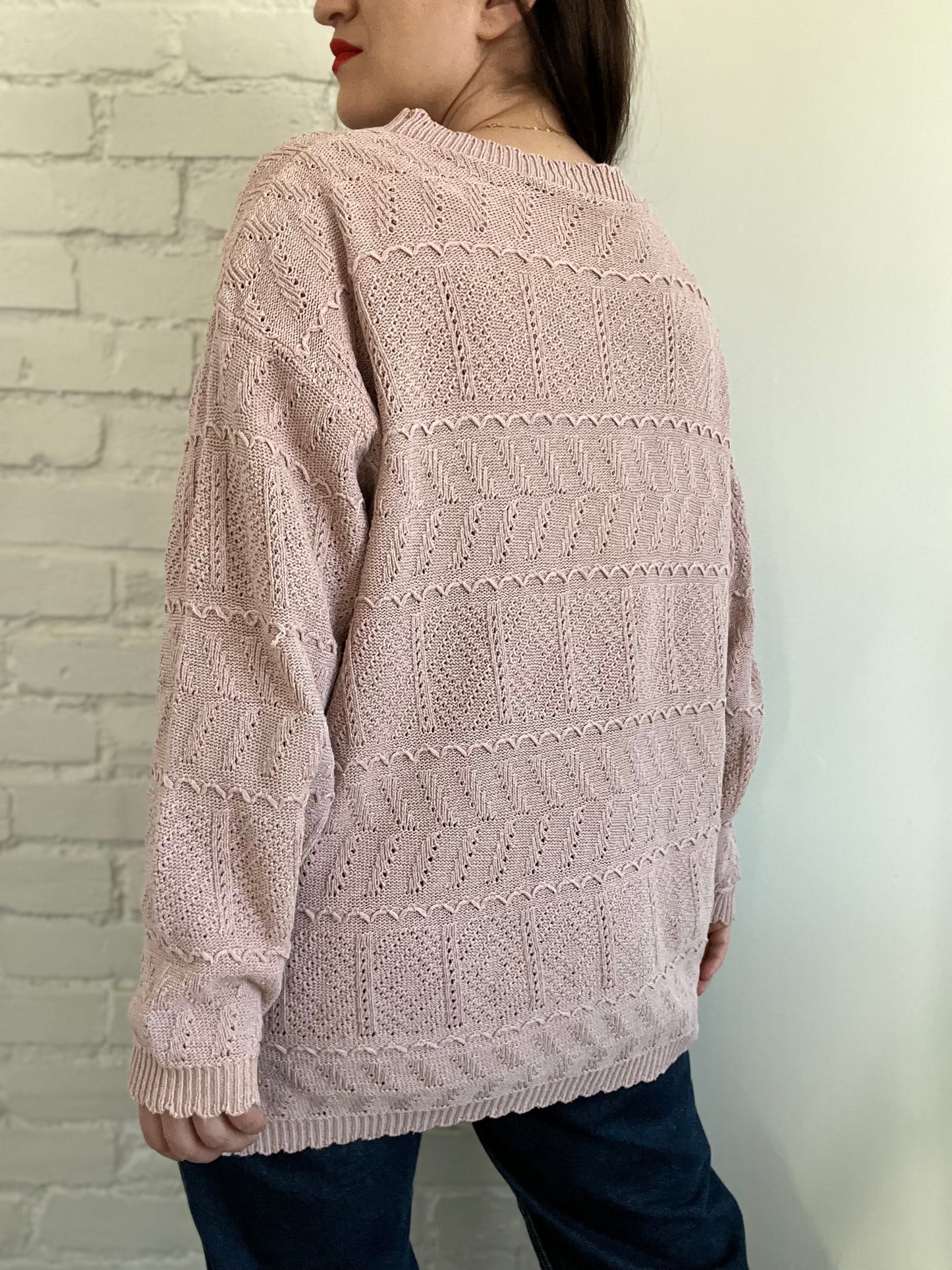 Blush Pink Crochet Sweater - XL