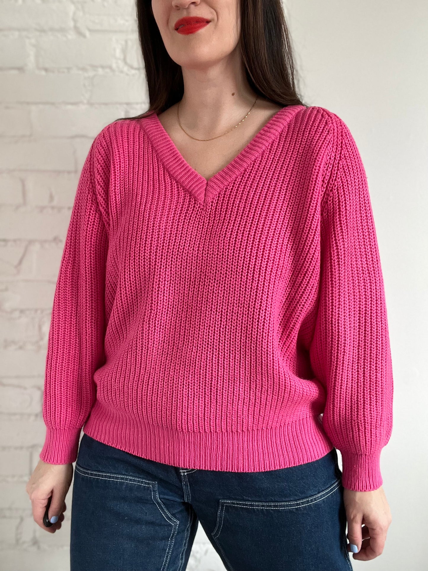 Preppy Pink Knit Sweater - L