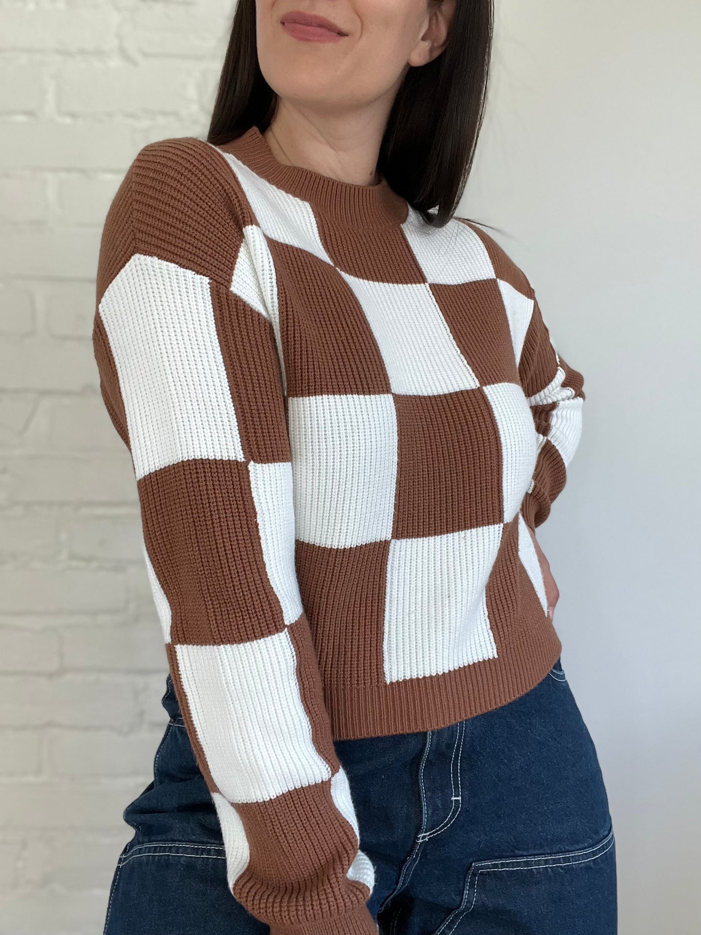 Camel & White Checkered Sweater - Size S