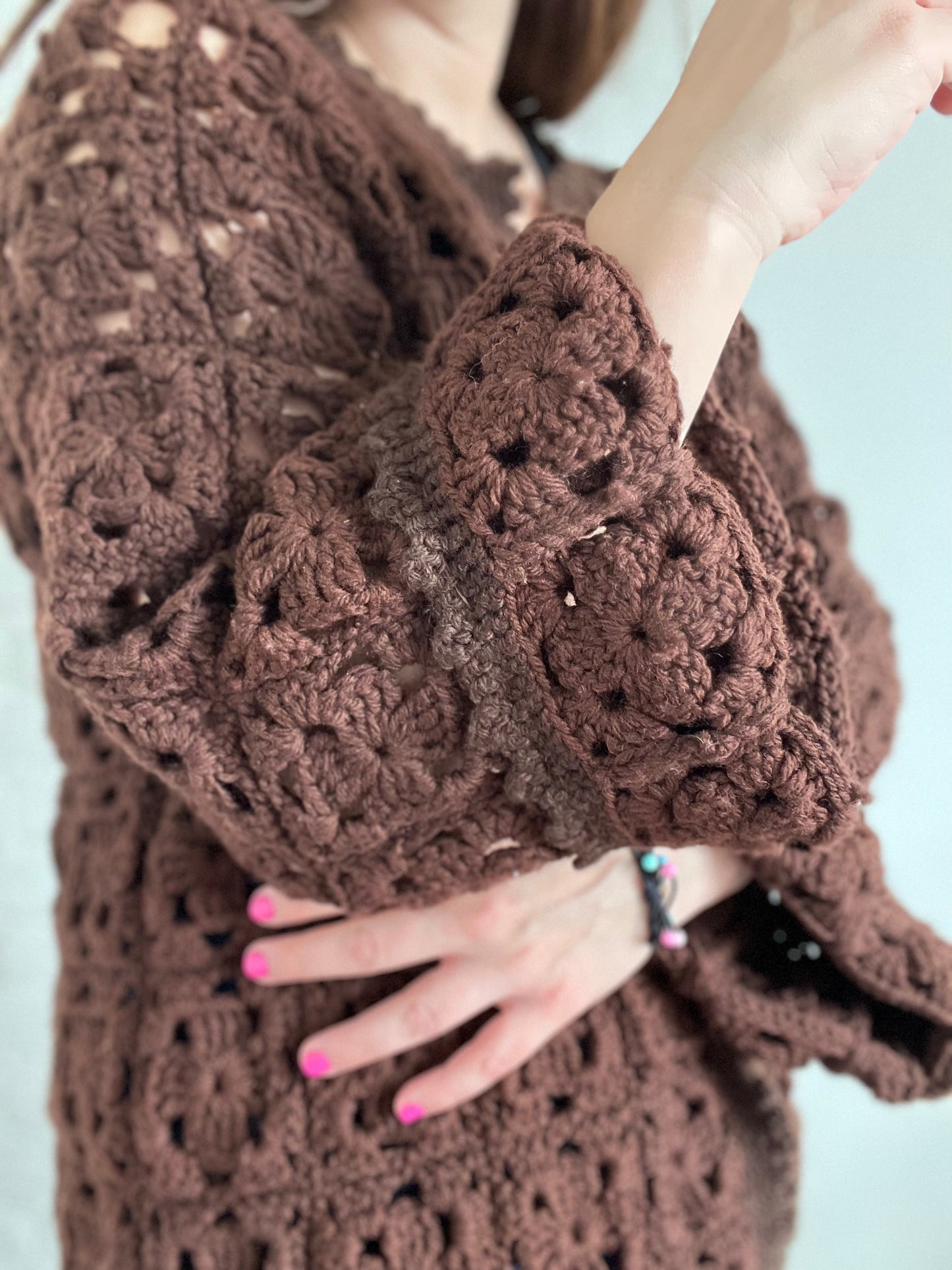 Chocolate Brown Crochet Cardigan - One Size