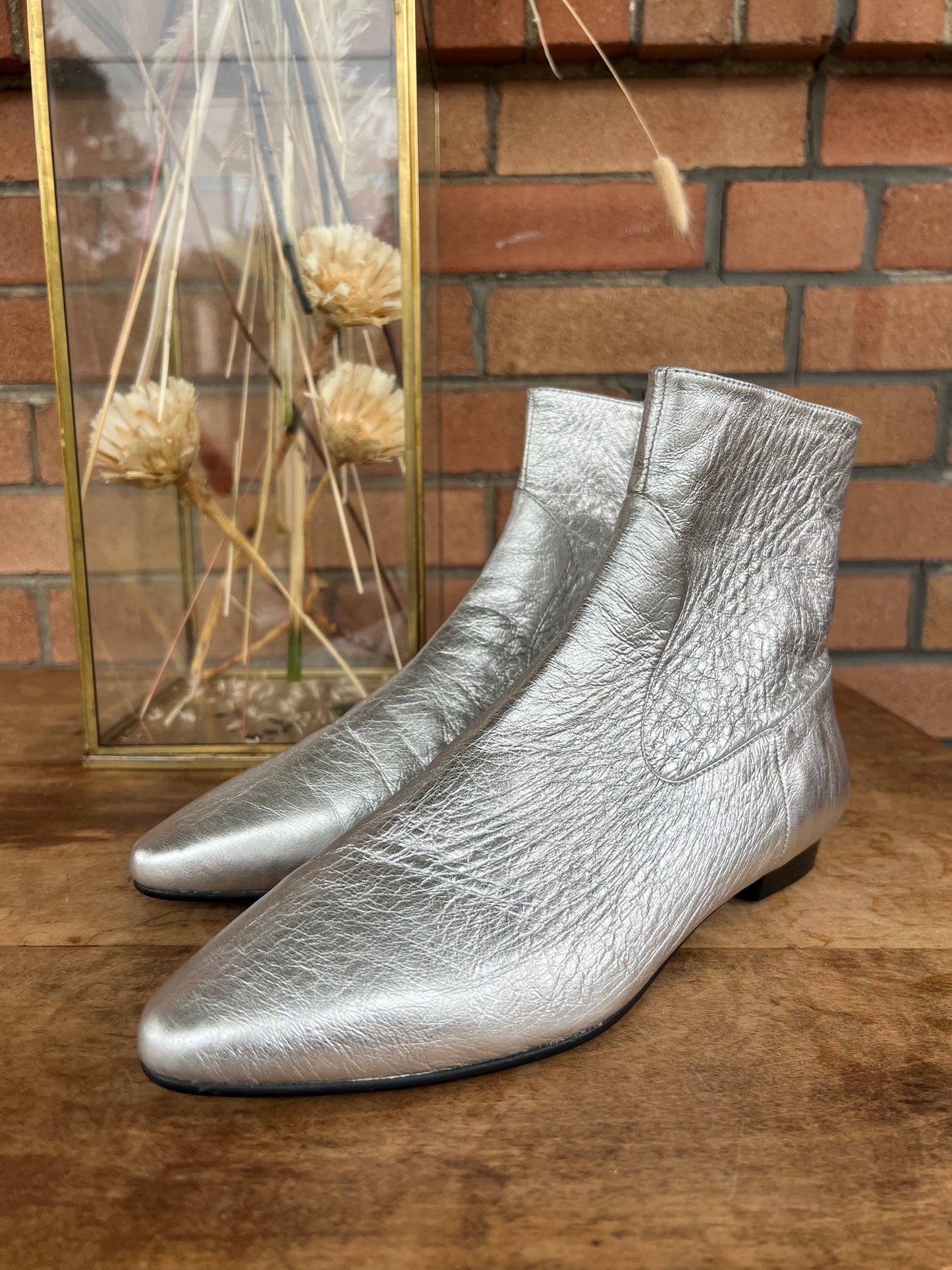 Silver Foil Leather Boots  - Size 38 / 7.5 US