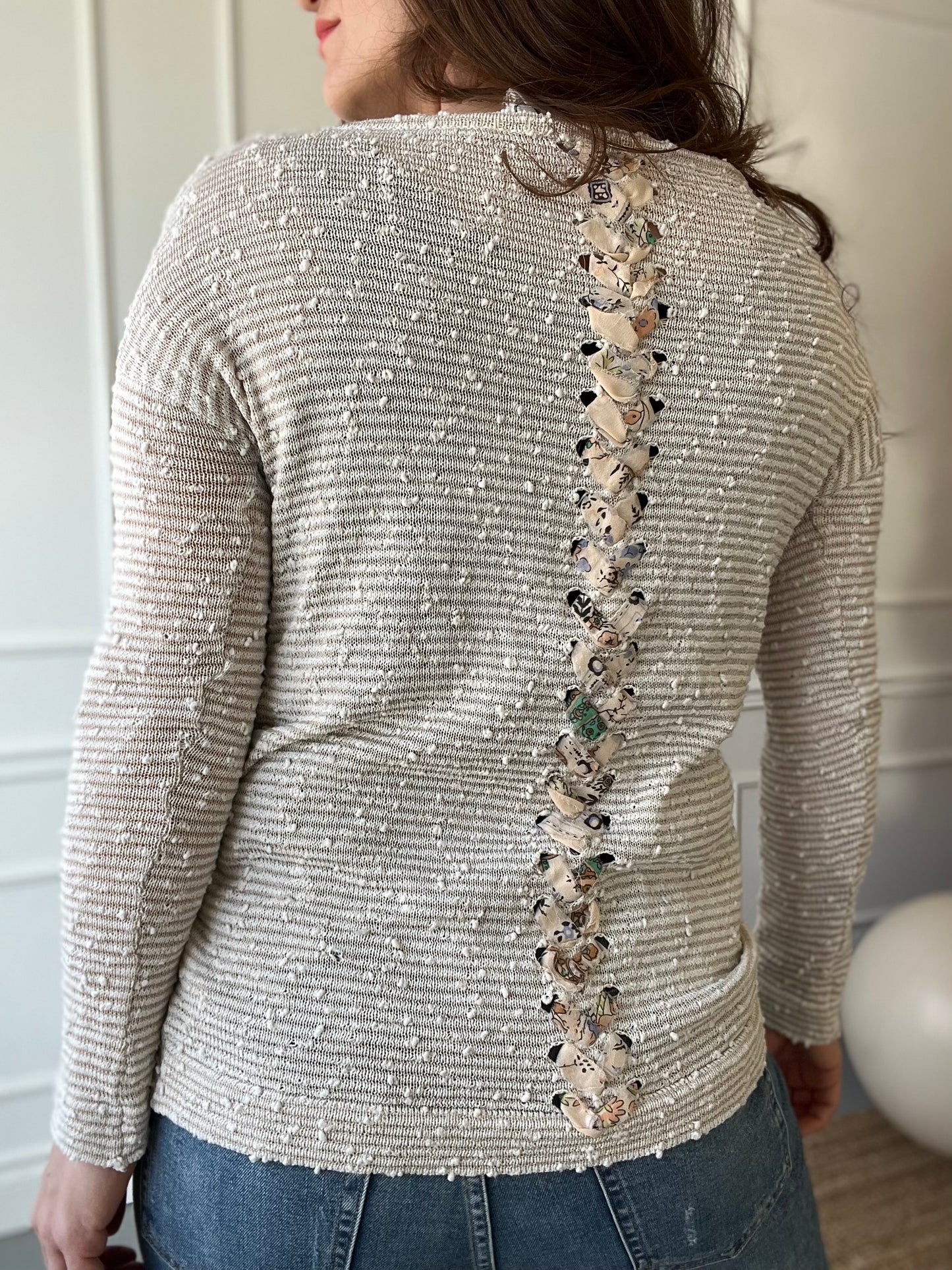 Lace Up Floral Cream Sweater - Size M
