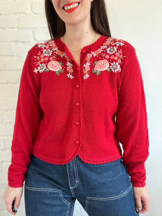 Floral Embroidered Cottage Cardigan - L