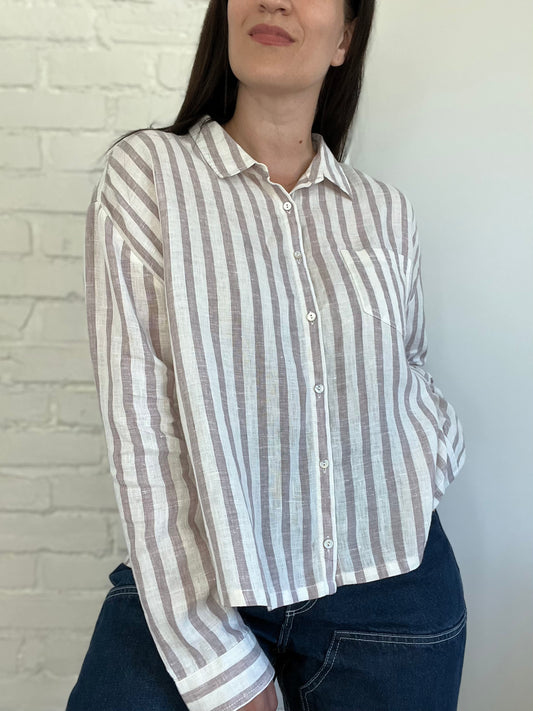 100% Linen Blush & White Blouse - Size M