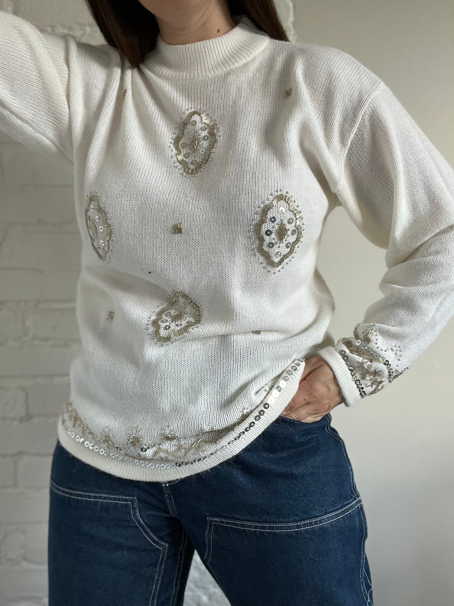 Sequinned Holiday Knit Sweater  - M
