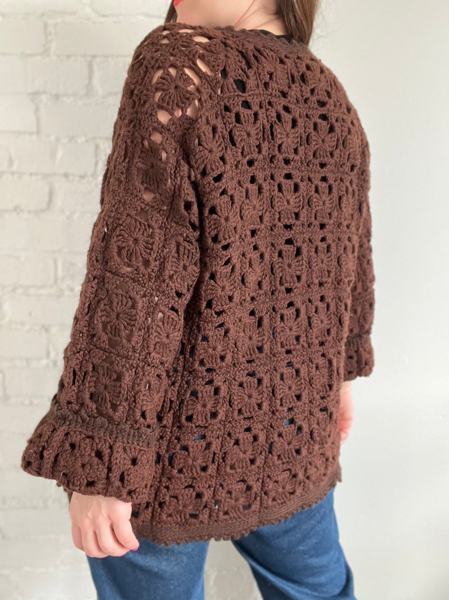 Chocolate Brown Crochet Cardigan - One Size