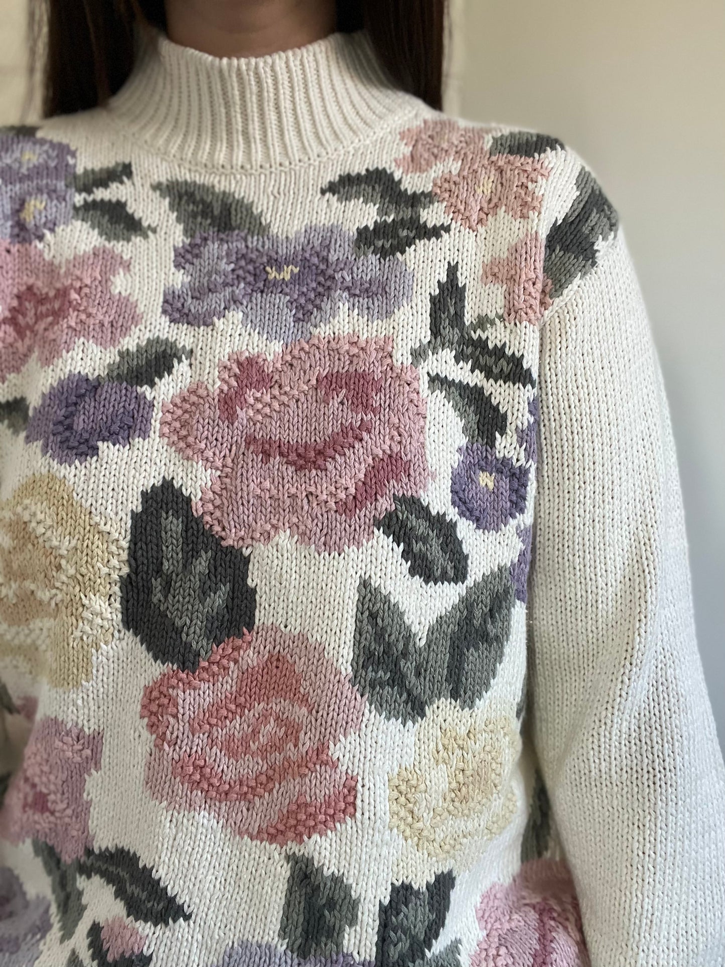 Pastel Floral Handknit Sweater - M