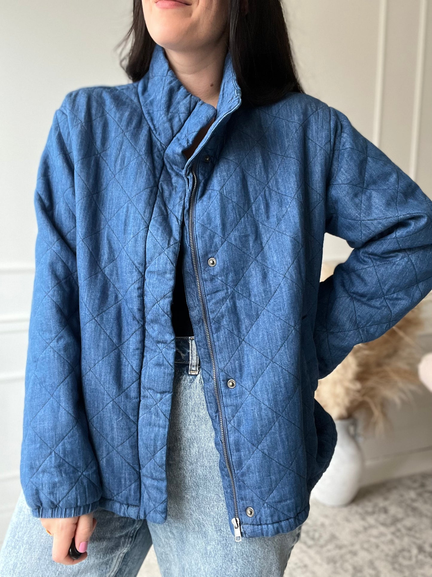 Chambray Quilted Puffer Jacket - Size XL